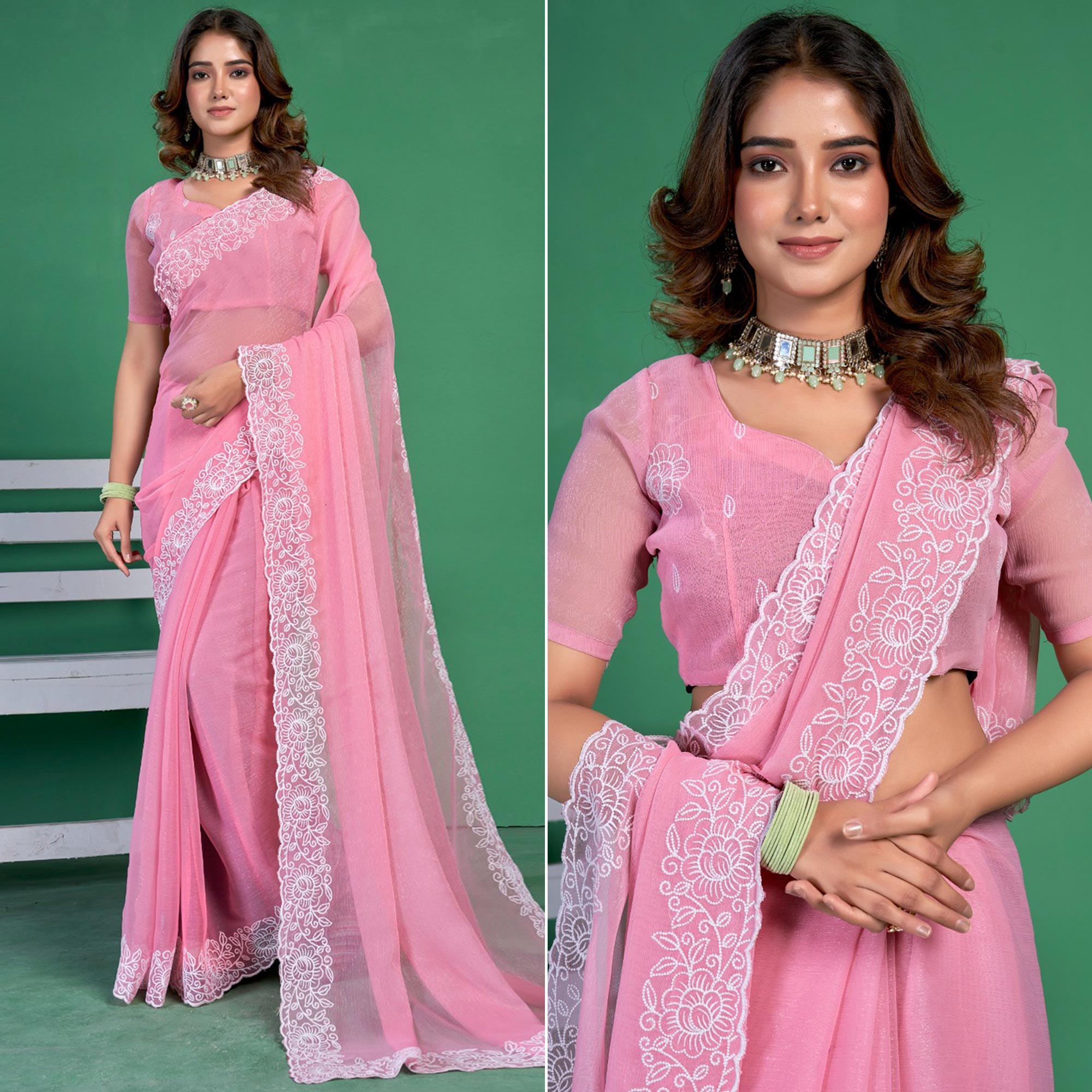 Pink Chiffon Saree With Embroidered Border