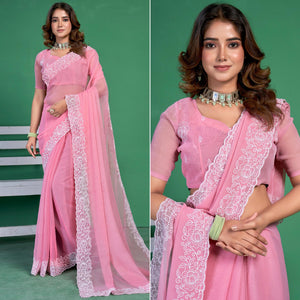 Pink Chiffon Saree With Embroidered Border