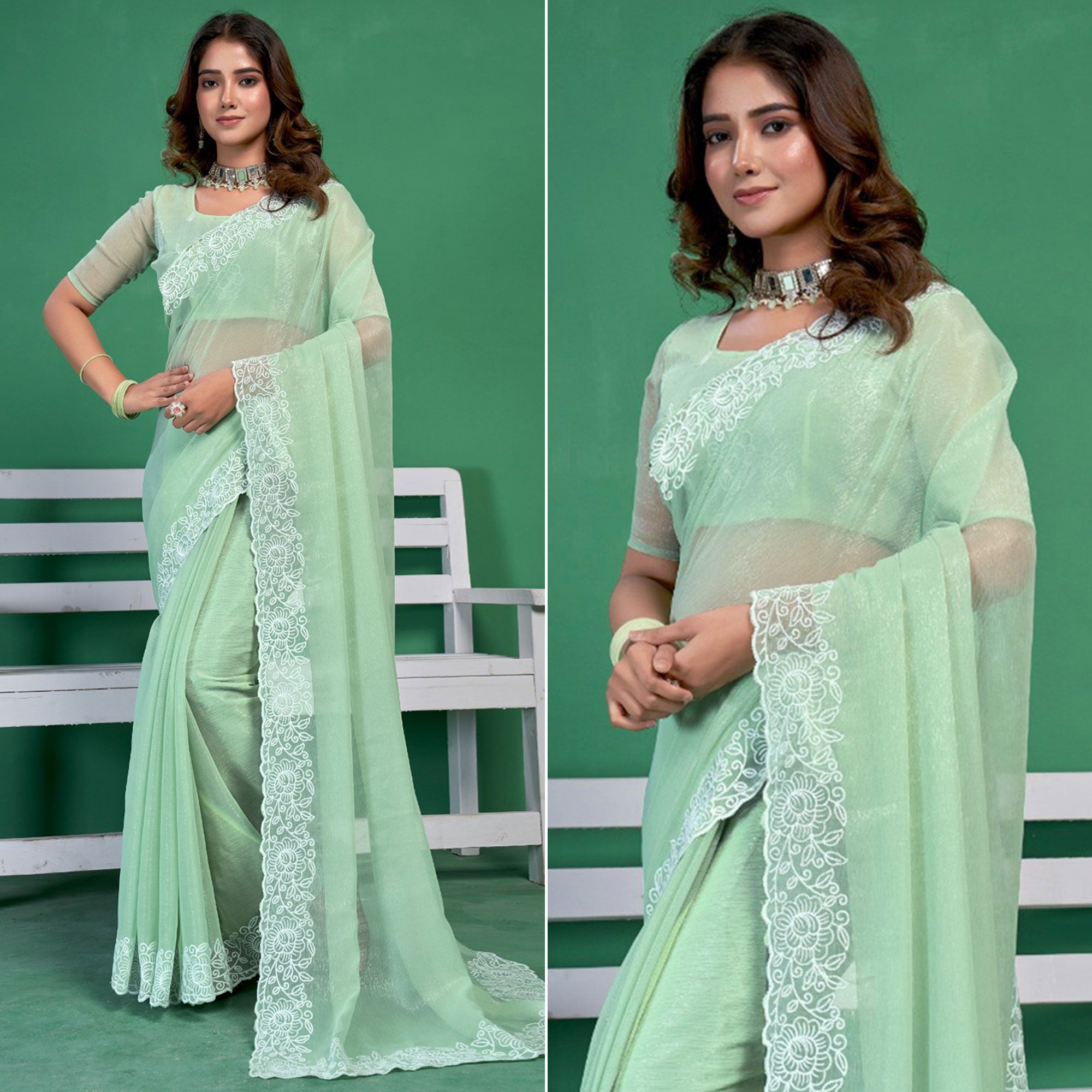 Green Chiffon Saree With Embroidered Border