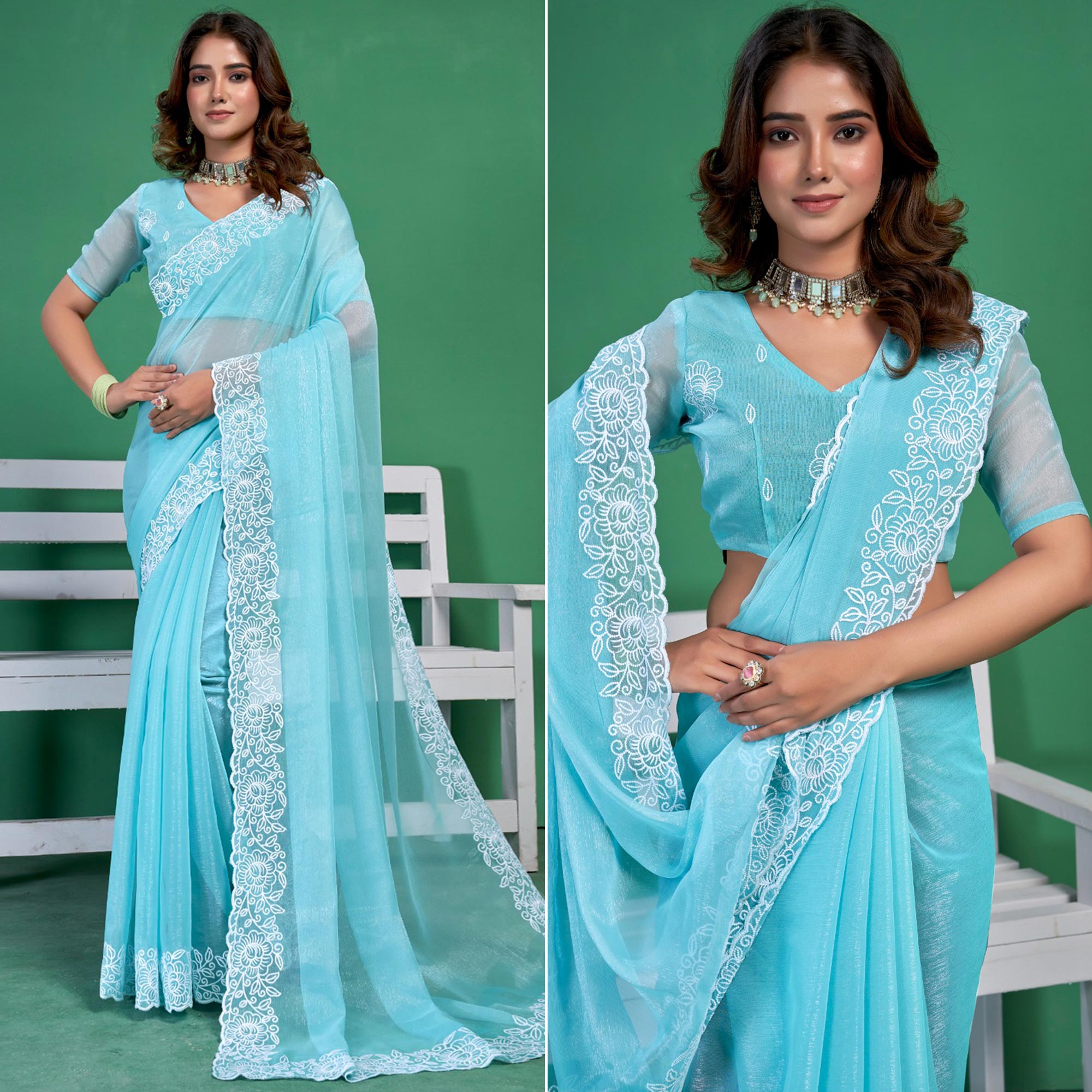 Blue Chiffon Saree With Embroidered Border