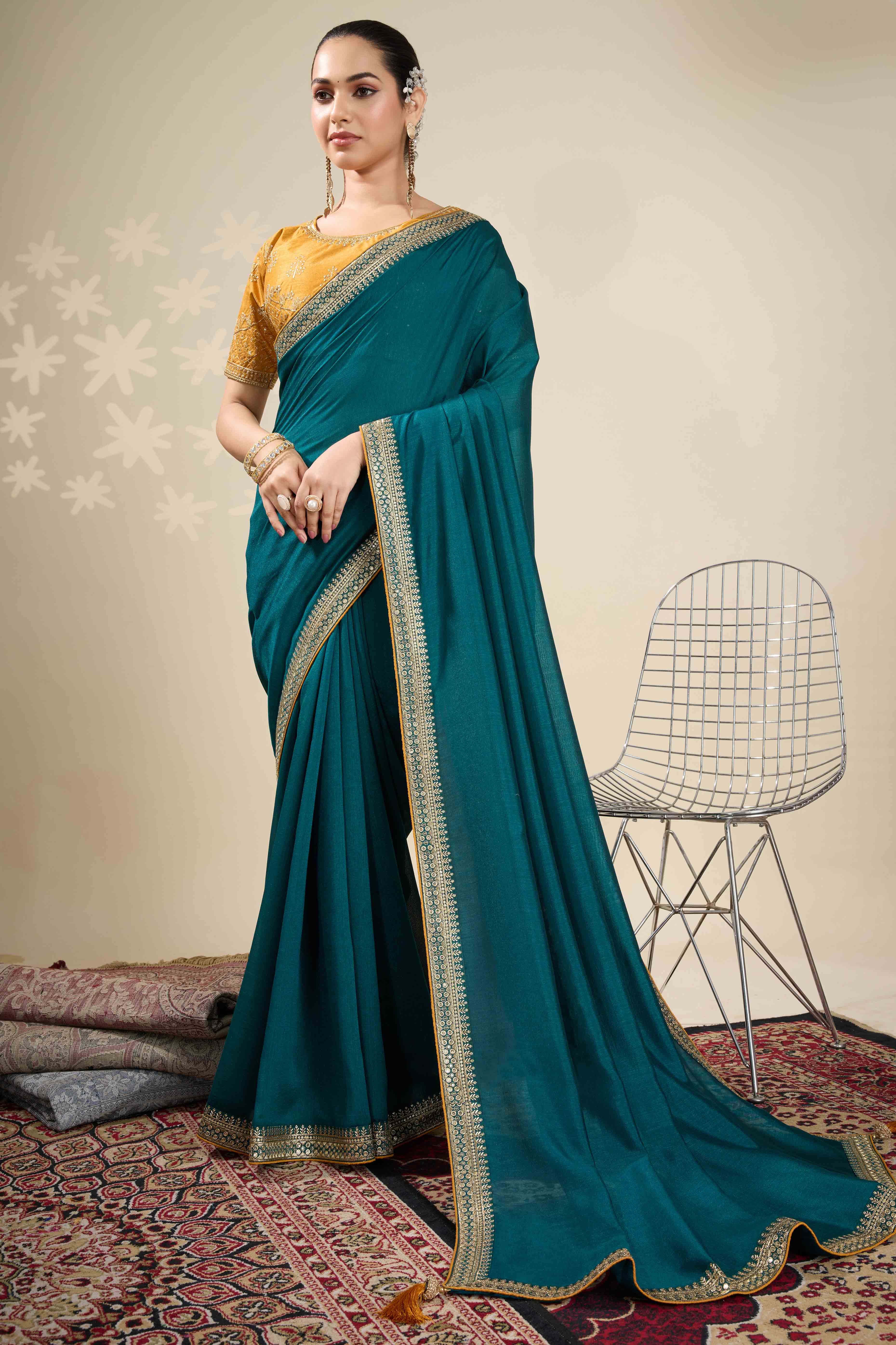 Graceful Vichitra Silk Saree in Teal with Embroidered Bordering