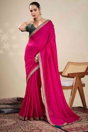 Graceful Vichitra Silk Saree in Pink with Embroidered Bordering