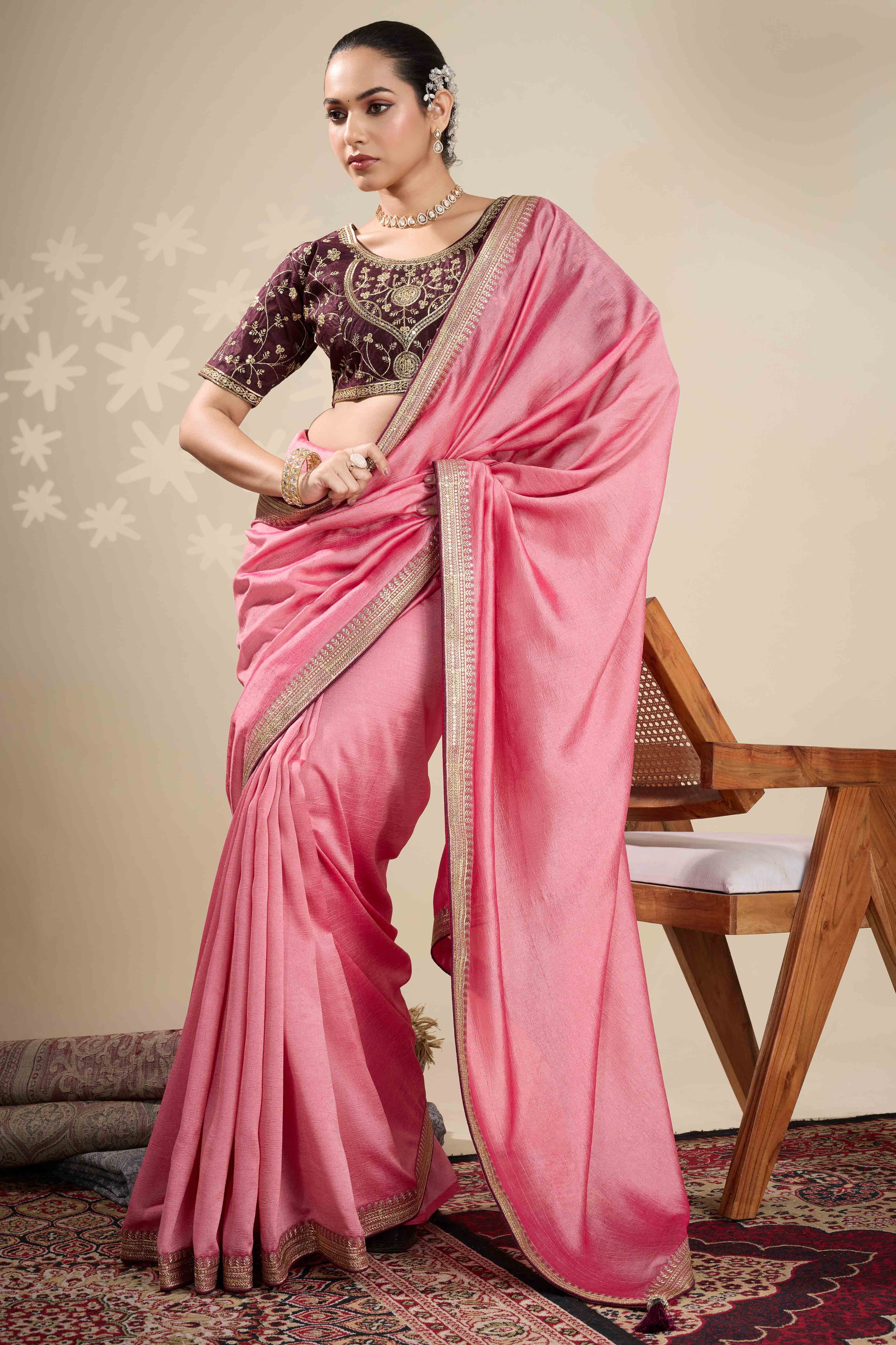 Graceful Vichitra Silk Saree in Baby Pink with Embroidered Bordering