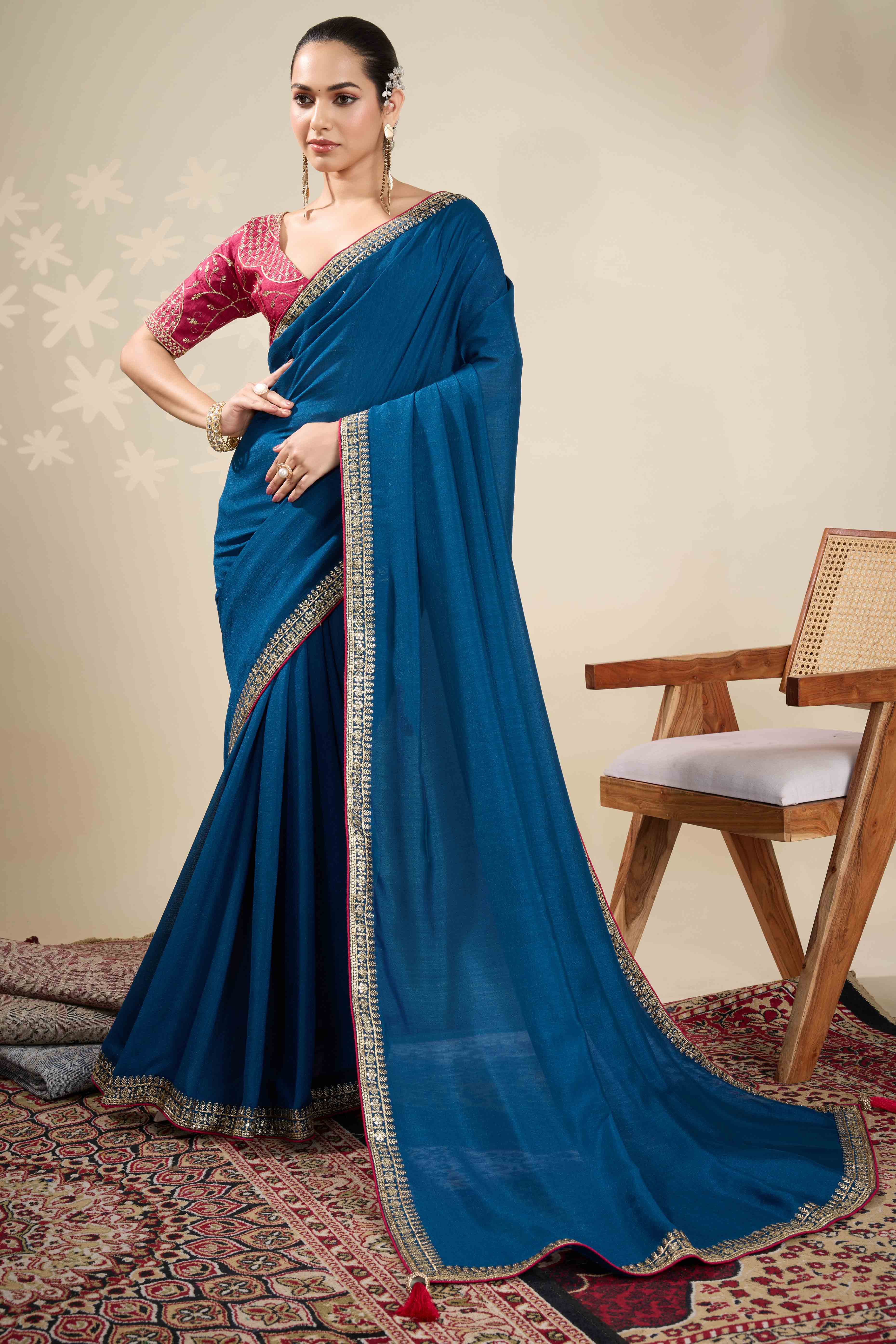 Graceful Vichitra Silk Saree in Blue with Embroidered Bordering