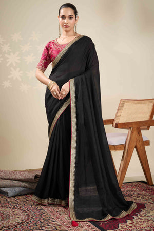 Graceful Vichitra Silk Saree in Black with Embroidered Bordering