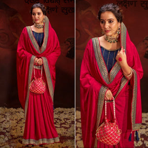 Rani Pink Embroidered Vichitra Silk Saree With Tassels
