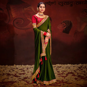 Green Embroidered Vichitra Silk Saree With Tassels
