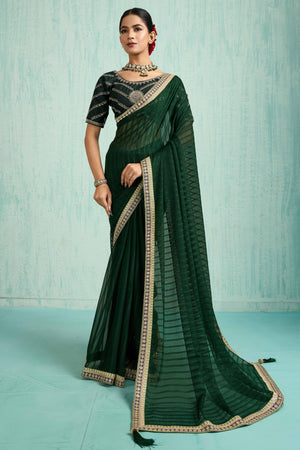 Green Chiffon Saree With Elegant Stripes & Sequins Embroidered Border