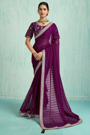 Purple Chiffon Saree With Elegant Stripes & Sequins Embroidered Border