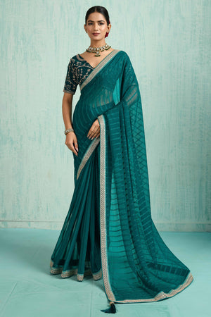 Teal Chiffon Saree With Elegant Stripes & Sequins Embroidered Border