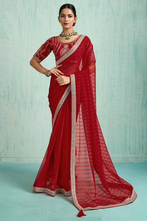 Red Chiffon Saree With Elegant Stripes & Sequins Embroidered Border