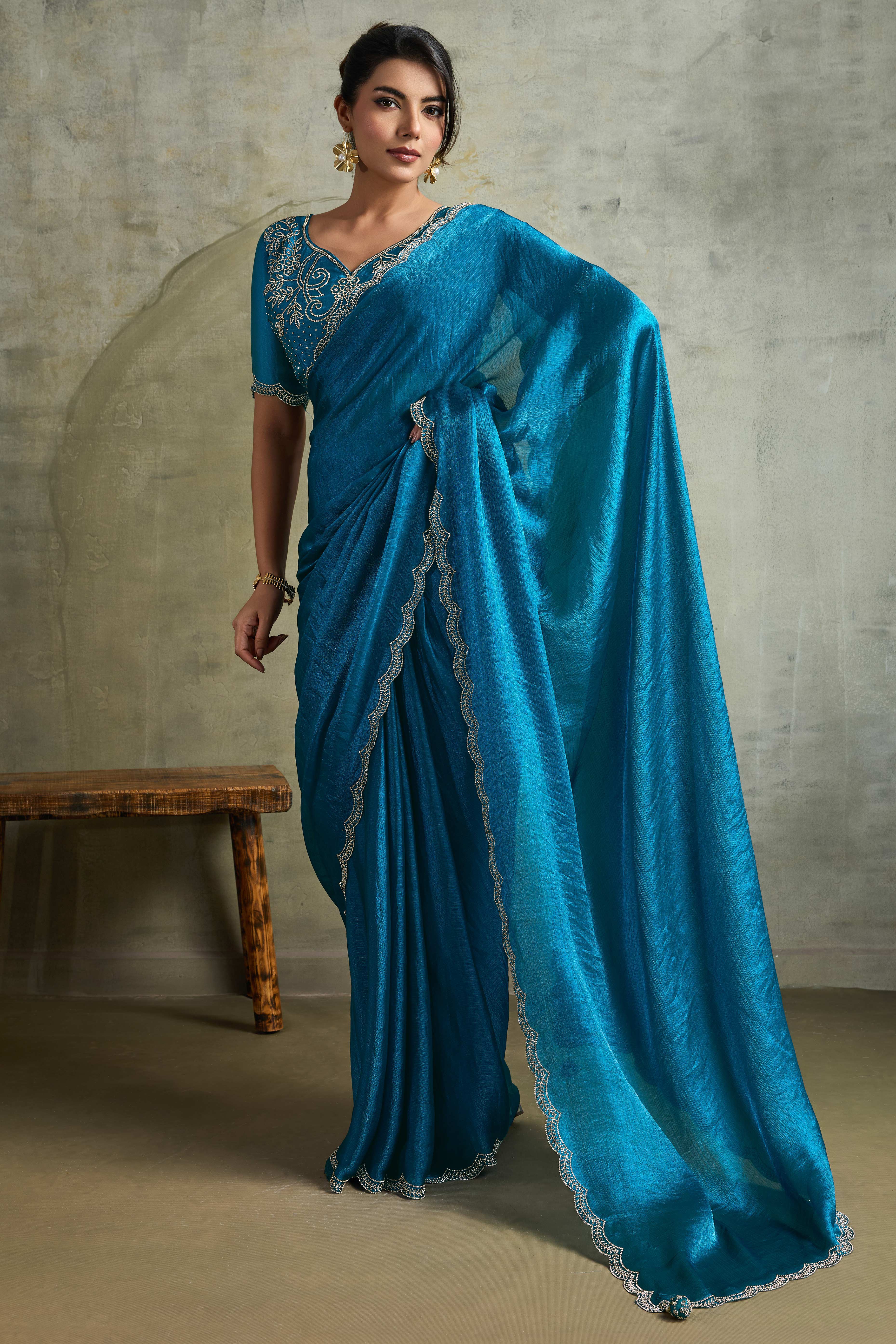 Blue Solid Chiffon Saree With Sparkling Zarkan Border & Latkan Pallu
