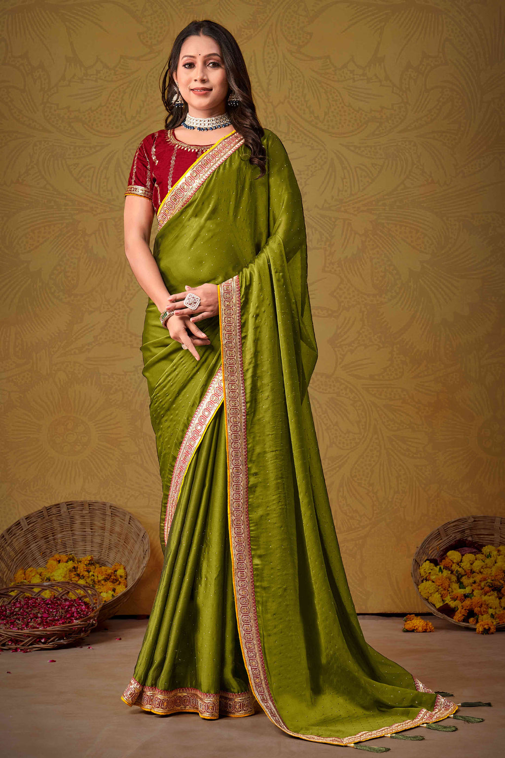 Women's Satin Silk Olive Embellished Designer Saree With Blouse Piece