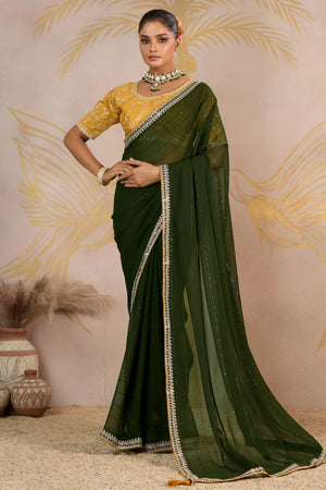 Mehendi Green Zari Embroidered Georgette Saree Accented With Sequins
