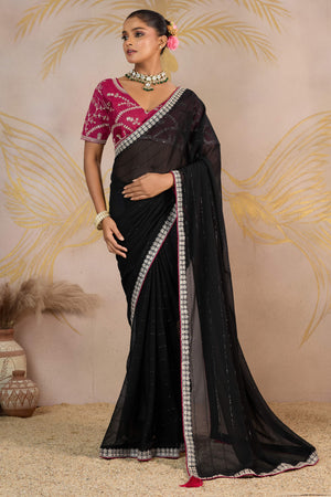 Black Zari Embroidered Georgette Saree Accented With Sequins