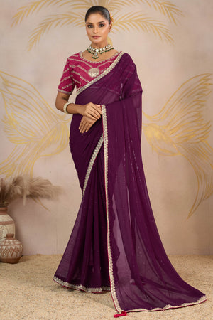 Wine Zari Embroidered Georgette Saree Accented With Sequins