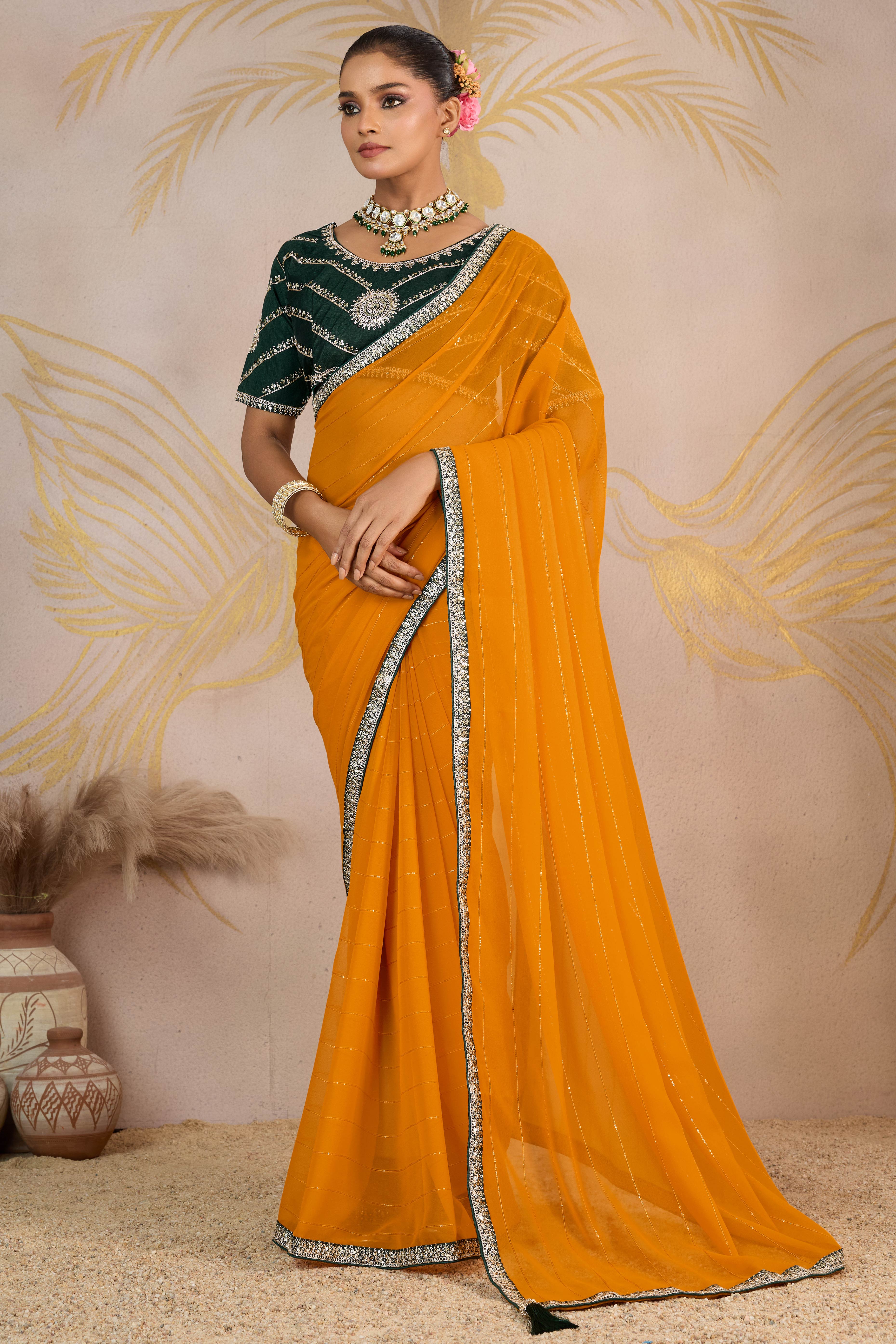 Mustard Zari Embroidered Georgette Saree Accented With Sequins