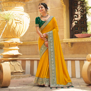 Mustard Solid With Embroidered Border Vichitra Silk Saree