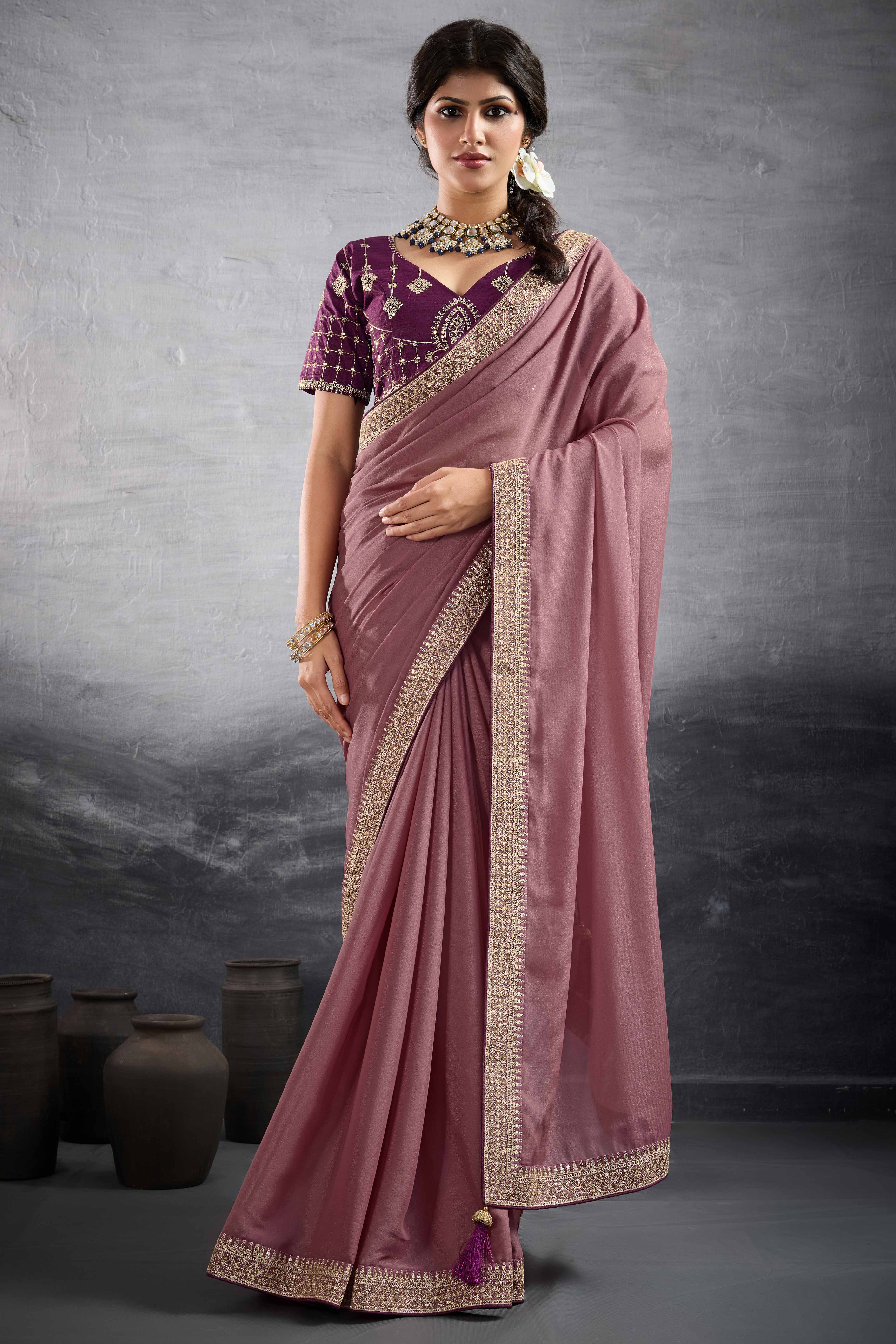 Onion Pink Solid Saree In Georgette With Zari & Sequins Embroidery Border