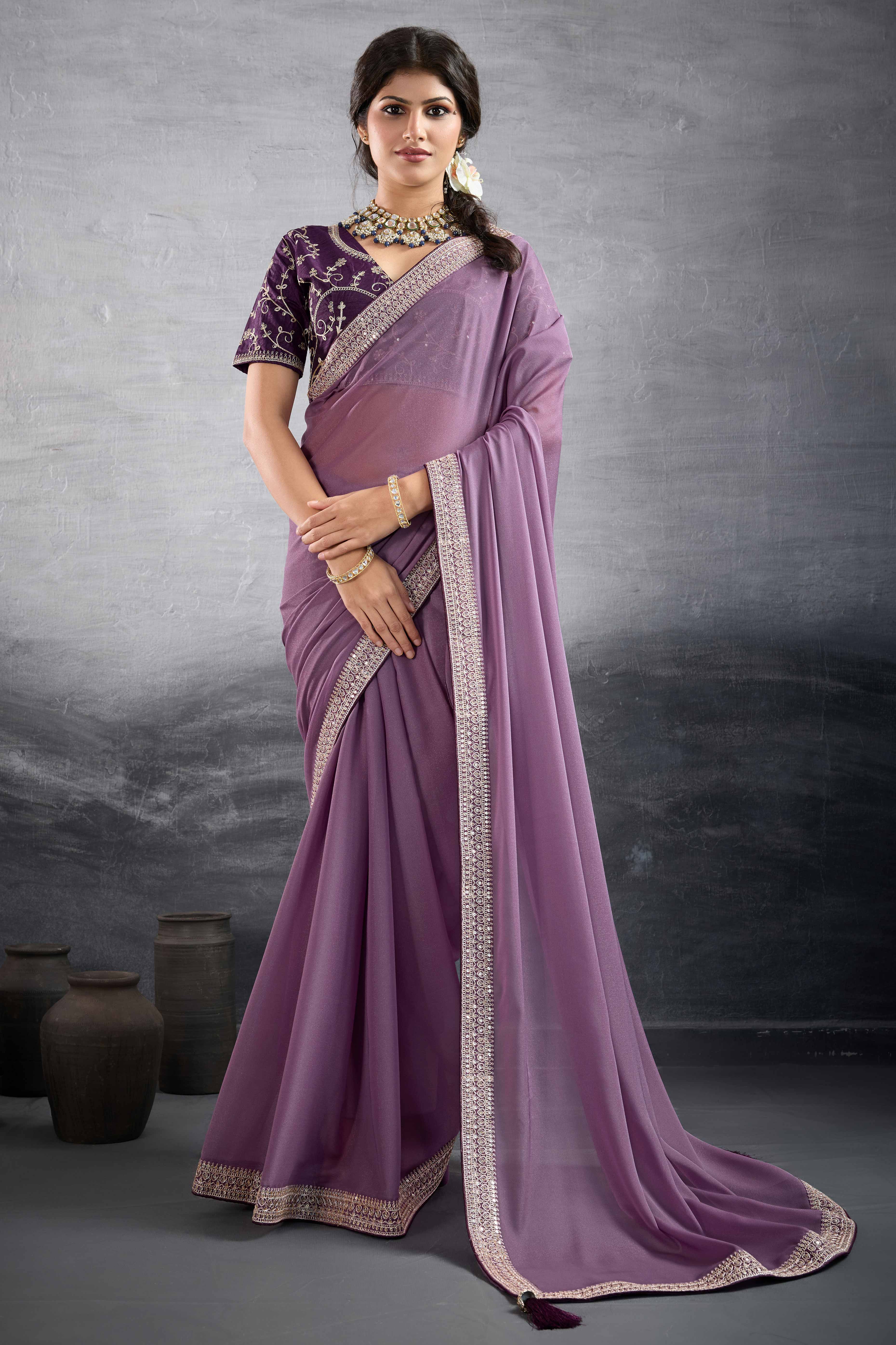Lavender Solid Saree In Georgette With Zari & Sequins Embroidery Border