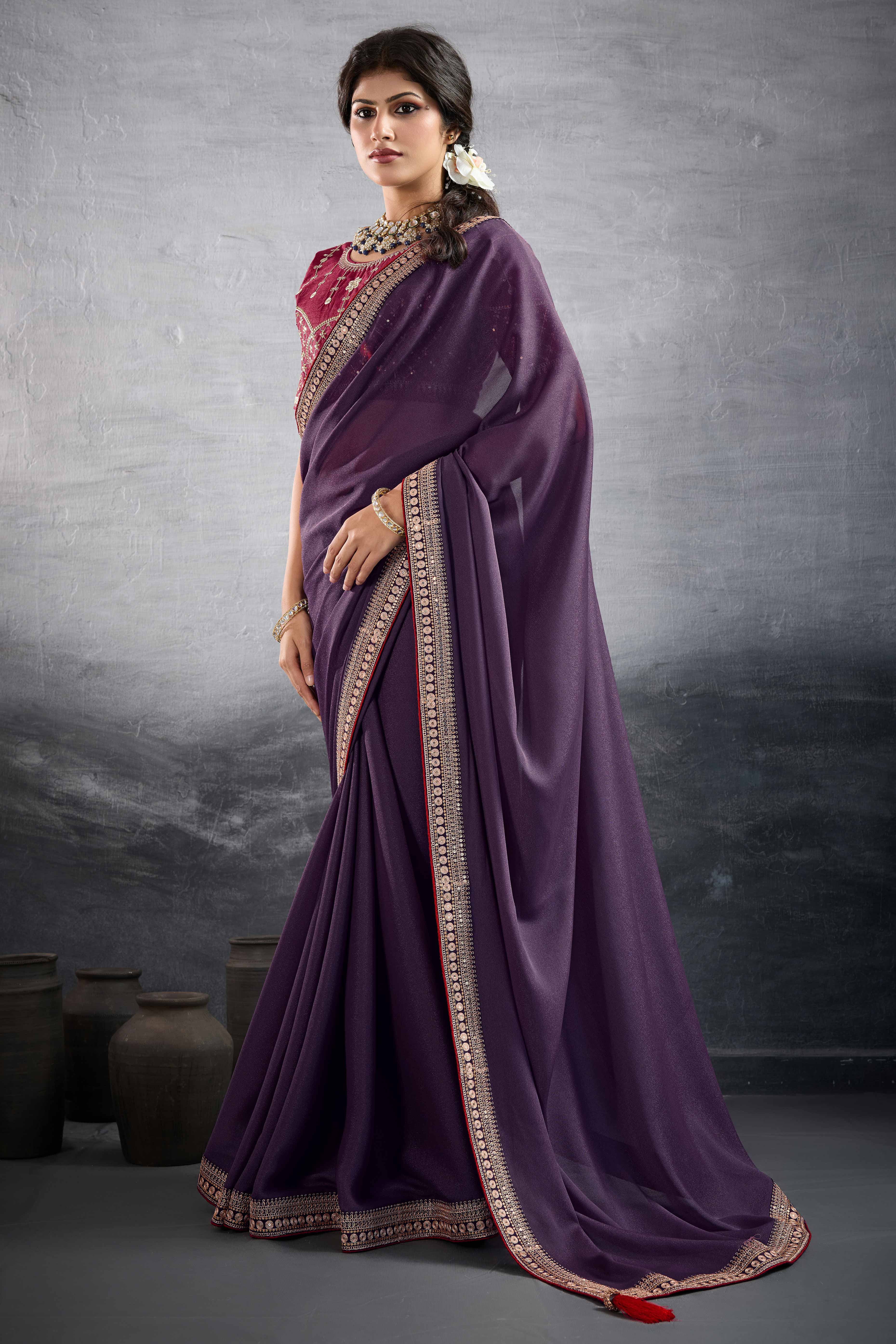 Purple Solid Saree In Georgette With Zari & Sequins Embroidery Border
