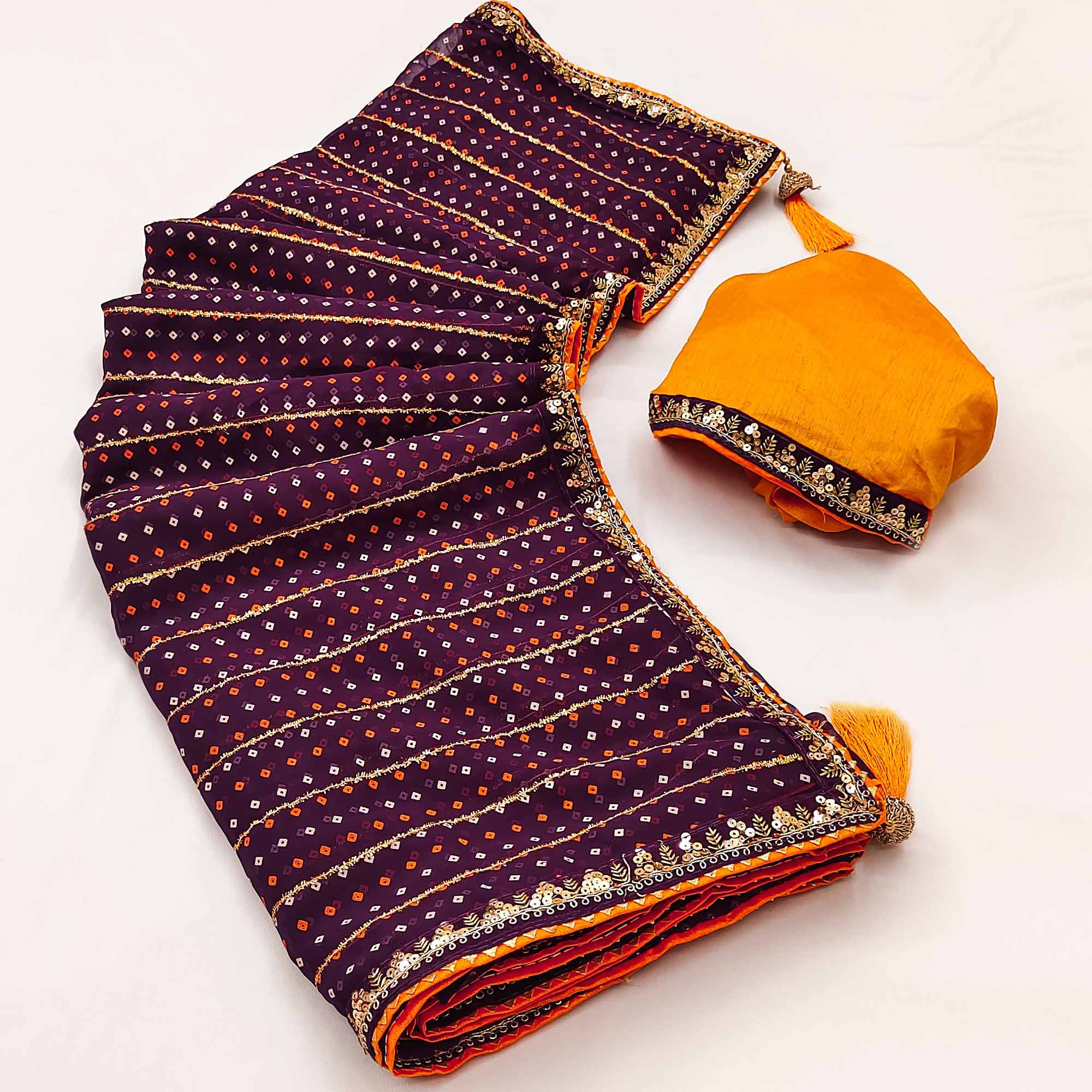 Charming Wine Bandhani Printed Georgette Saree With Glittering Sequins & Zari Border