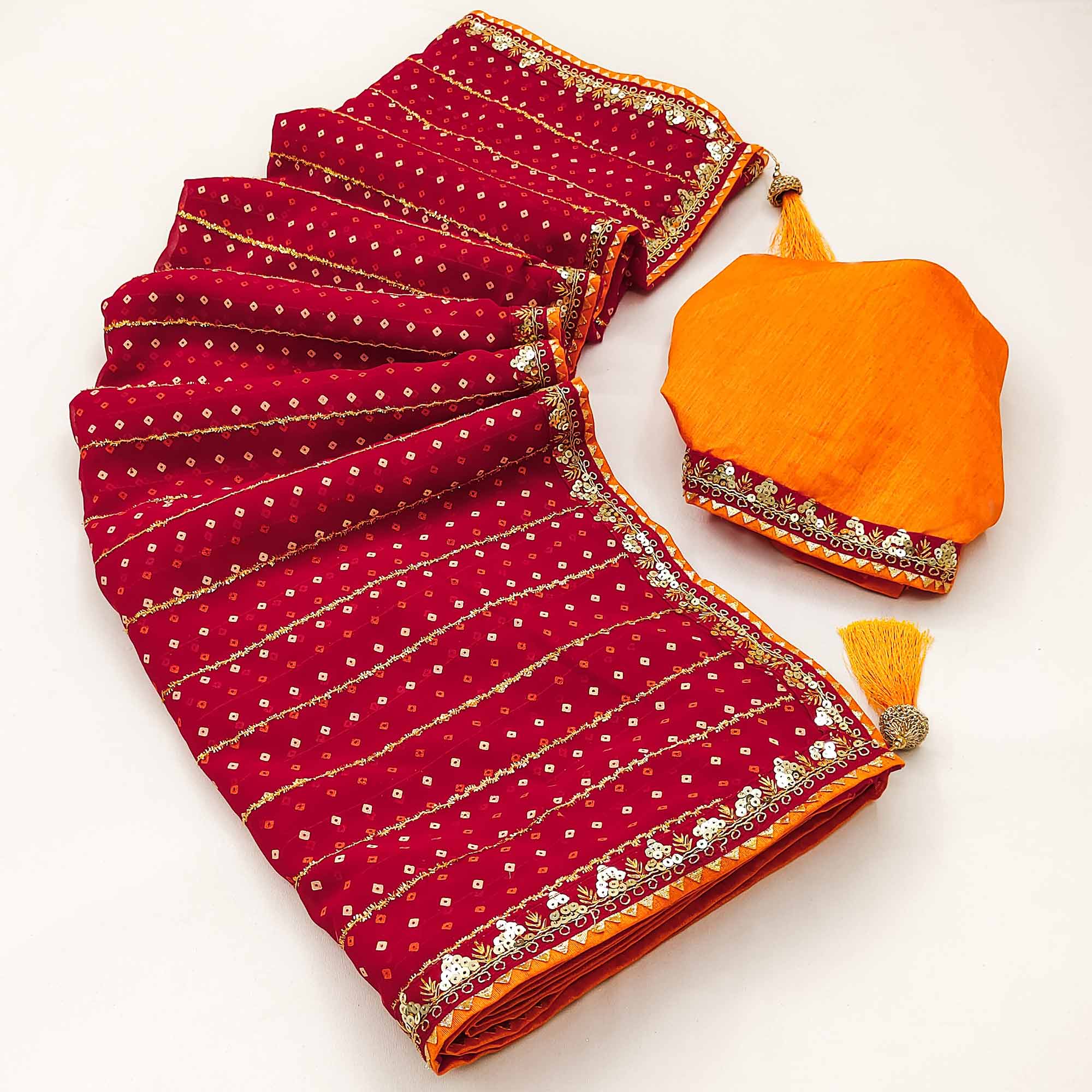 Charming Red Bandhani Printed Georgette Saree With Glittering Sequins & Zari Border