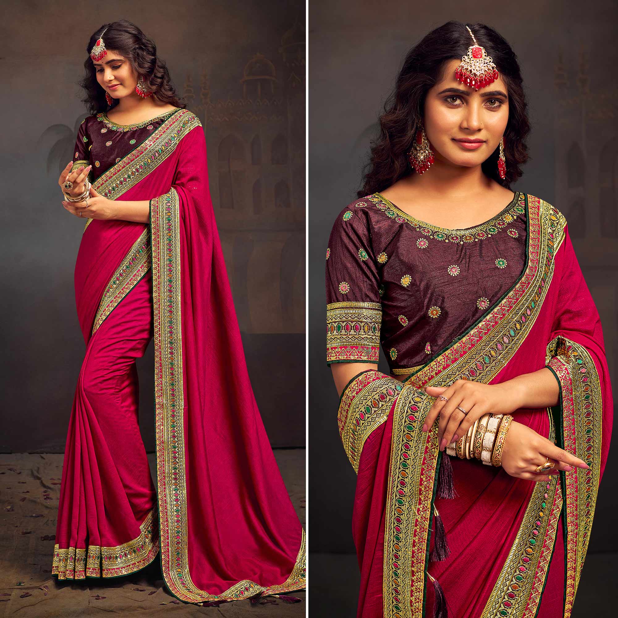 Rani Pink Solid With Embroidered Border Vichitra Silk Saree