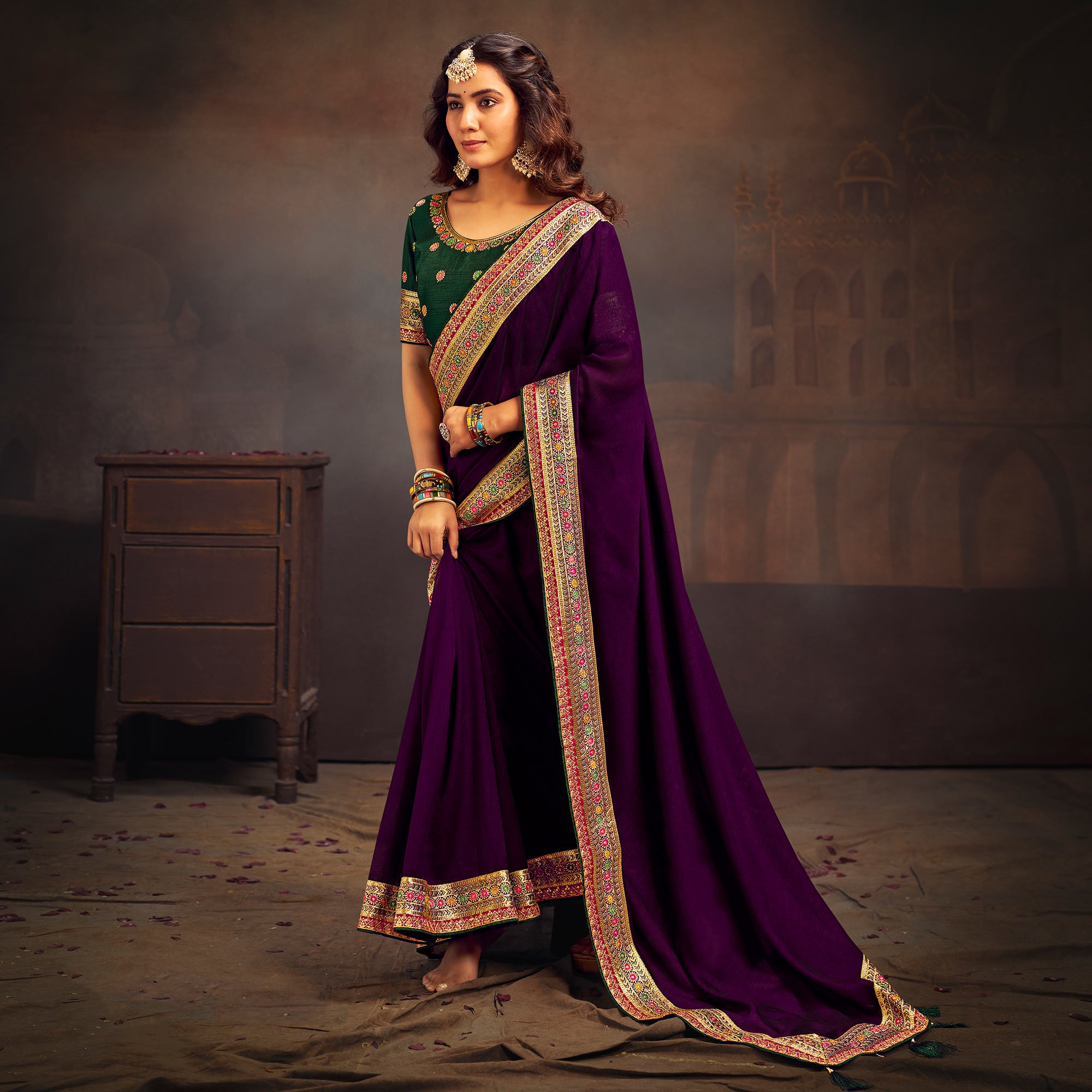 Purple Solid With Embroidered Border Vichitra Silk Saree