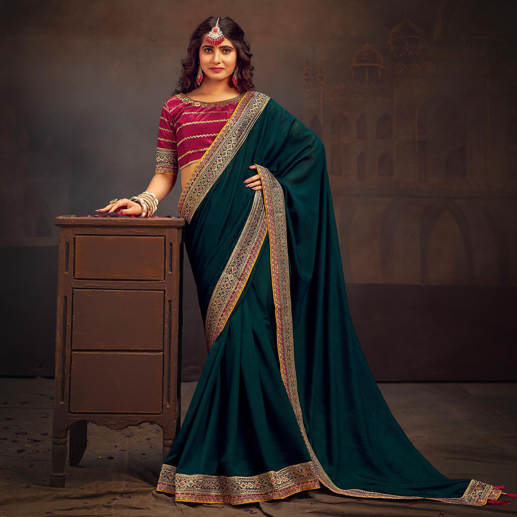 Morpich Green Solid With Embroidered Border Vichitra Silk Saree
