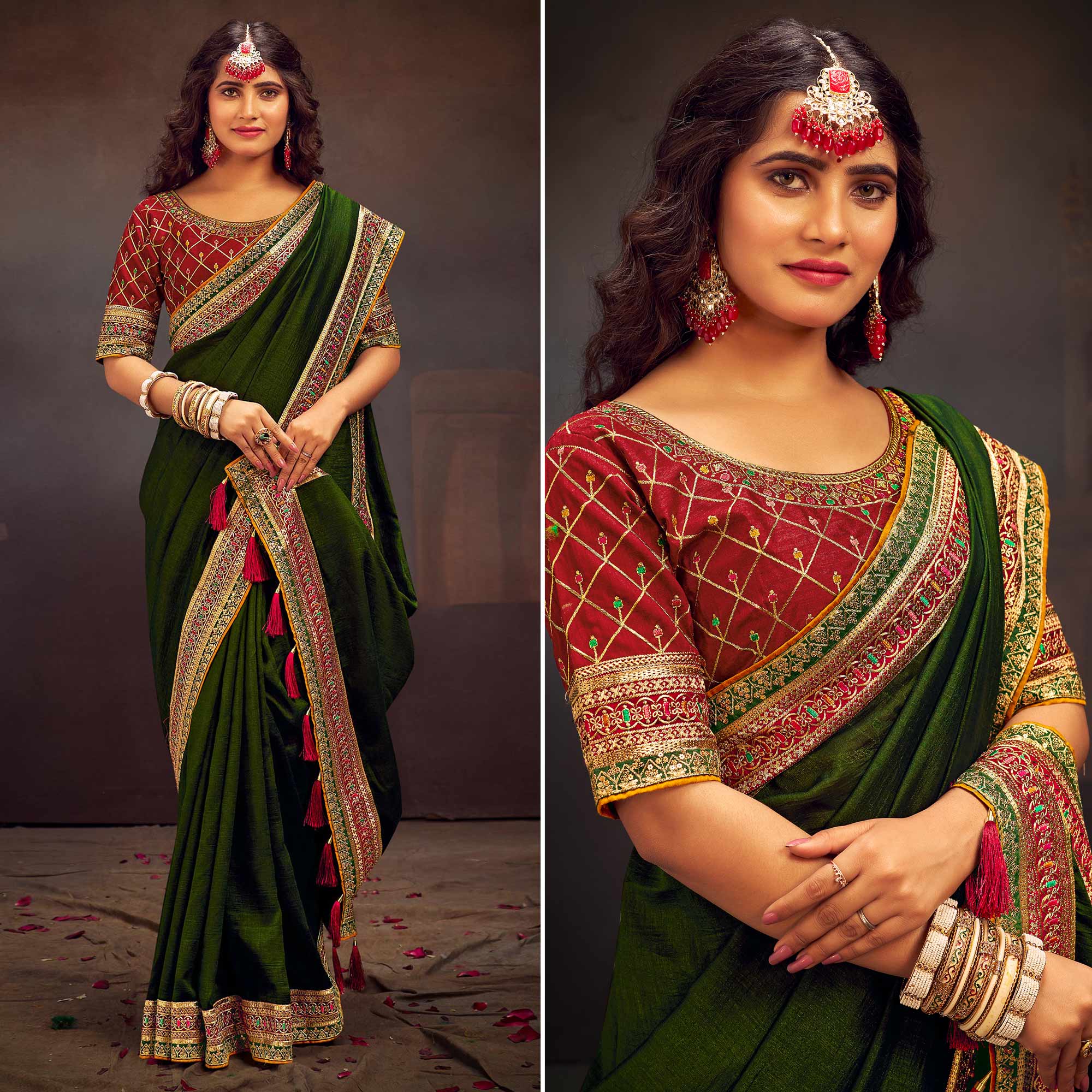 Mehandi Green Solid With Embroidered Border Vichitra Silk Saree