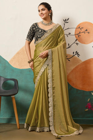 Sophisticated Olive Green Solid Moss Orgnaza Saree With Intricate Cording Sequins Embroidery Border