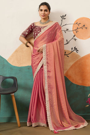 Sophisticated Gajari Pink Solid Moss Orgnaza Saree With Intricate Cording Sequins Embroidery Border
