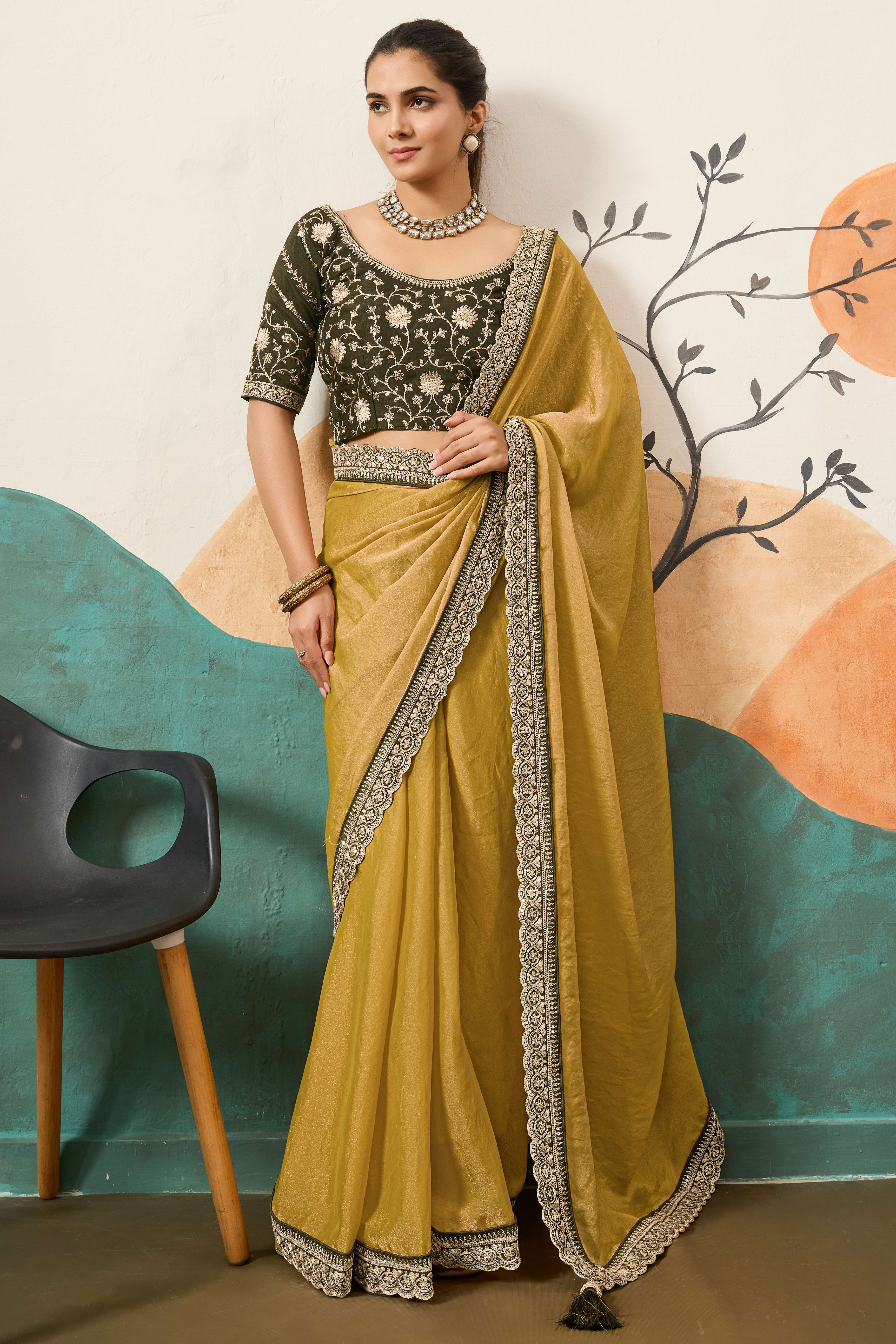 Sophisticated Dark Mustard Solid Moss Orgnaza Saree With Intricate Cording Sequin Embroidery Border