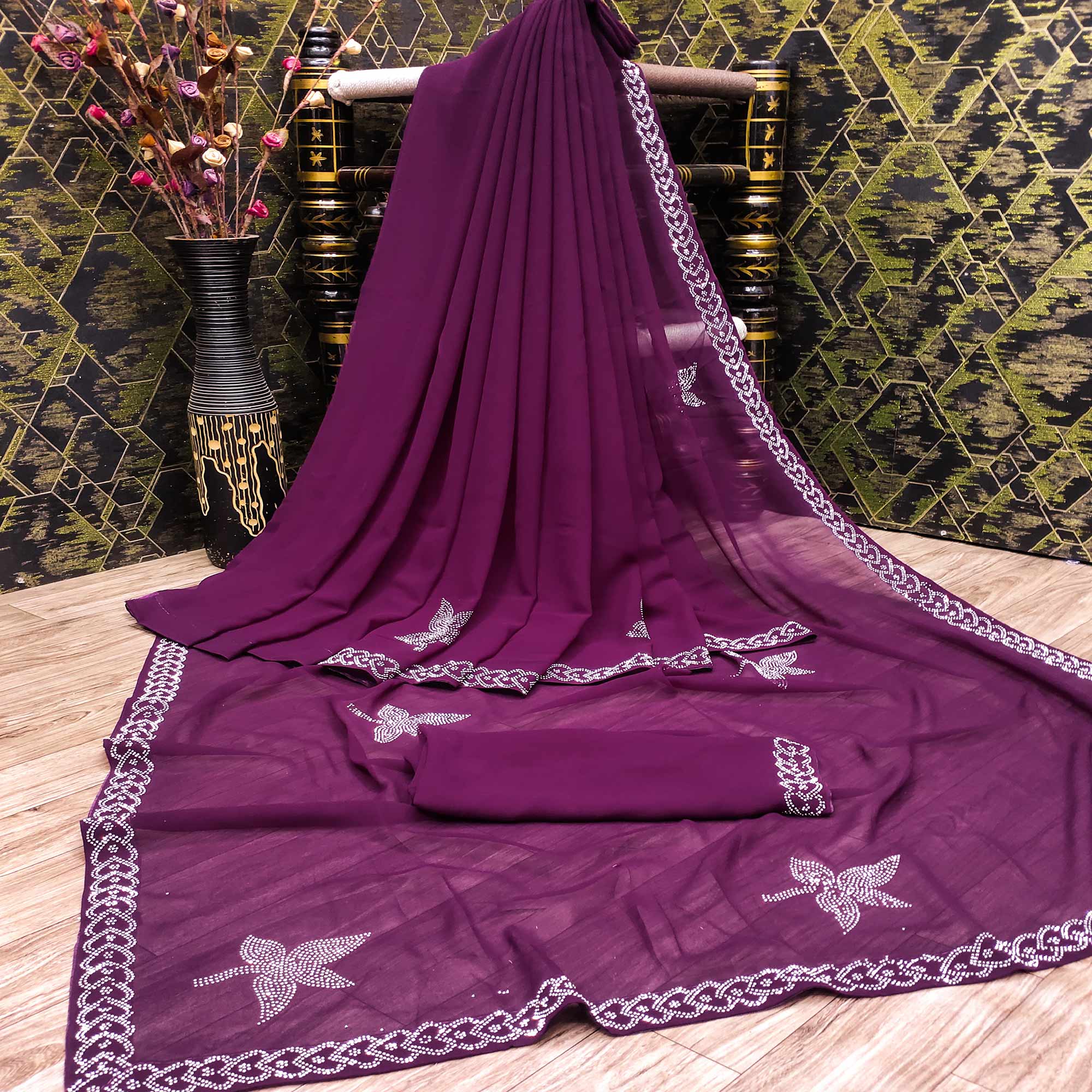 Purple Floral Swarovski Work Georgette Saree
