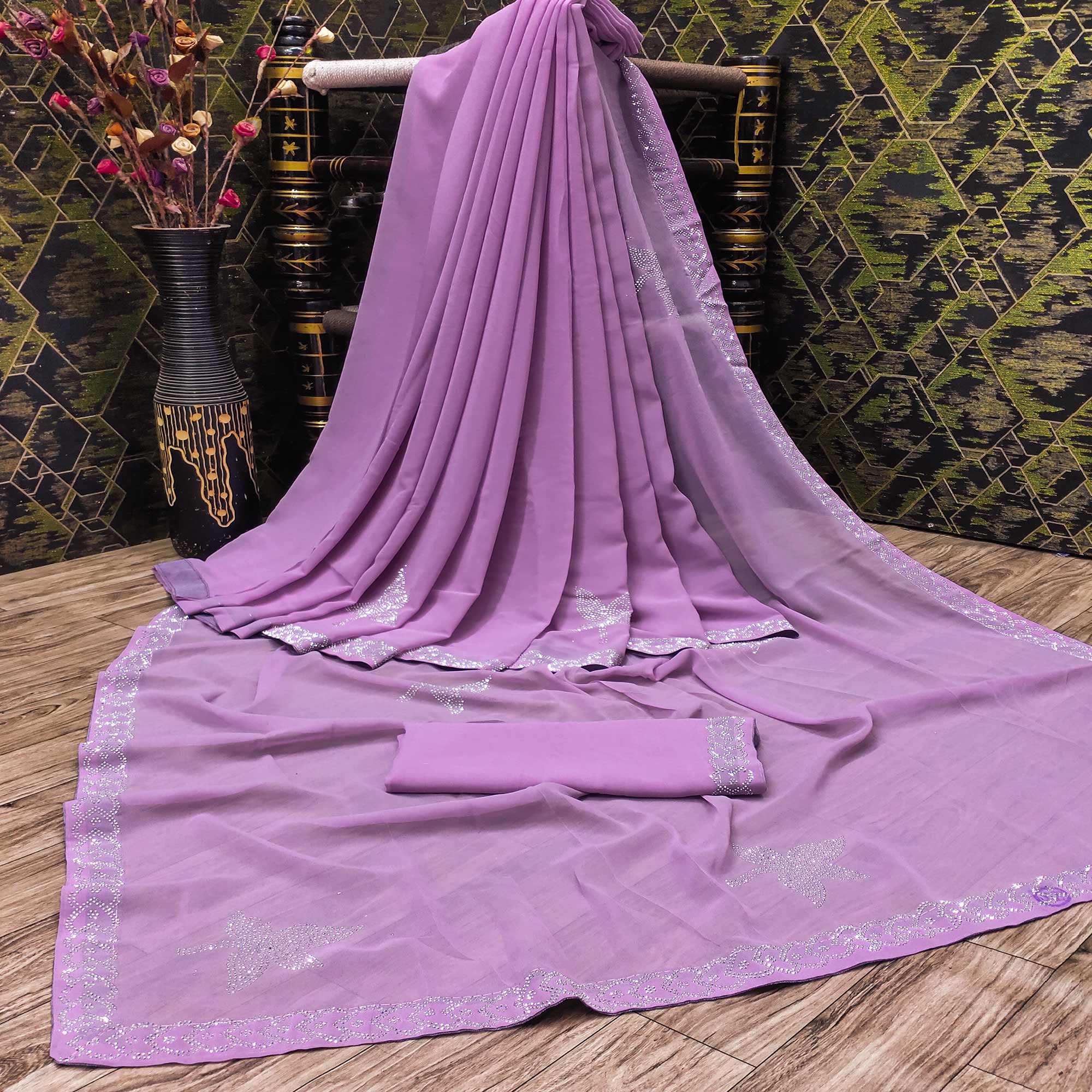 Lavender Floral Swarovski Work Georgette Saree