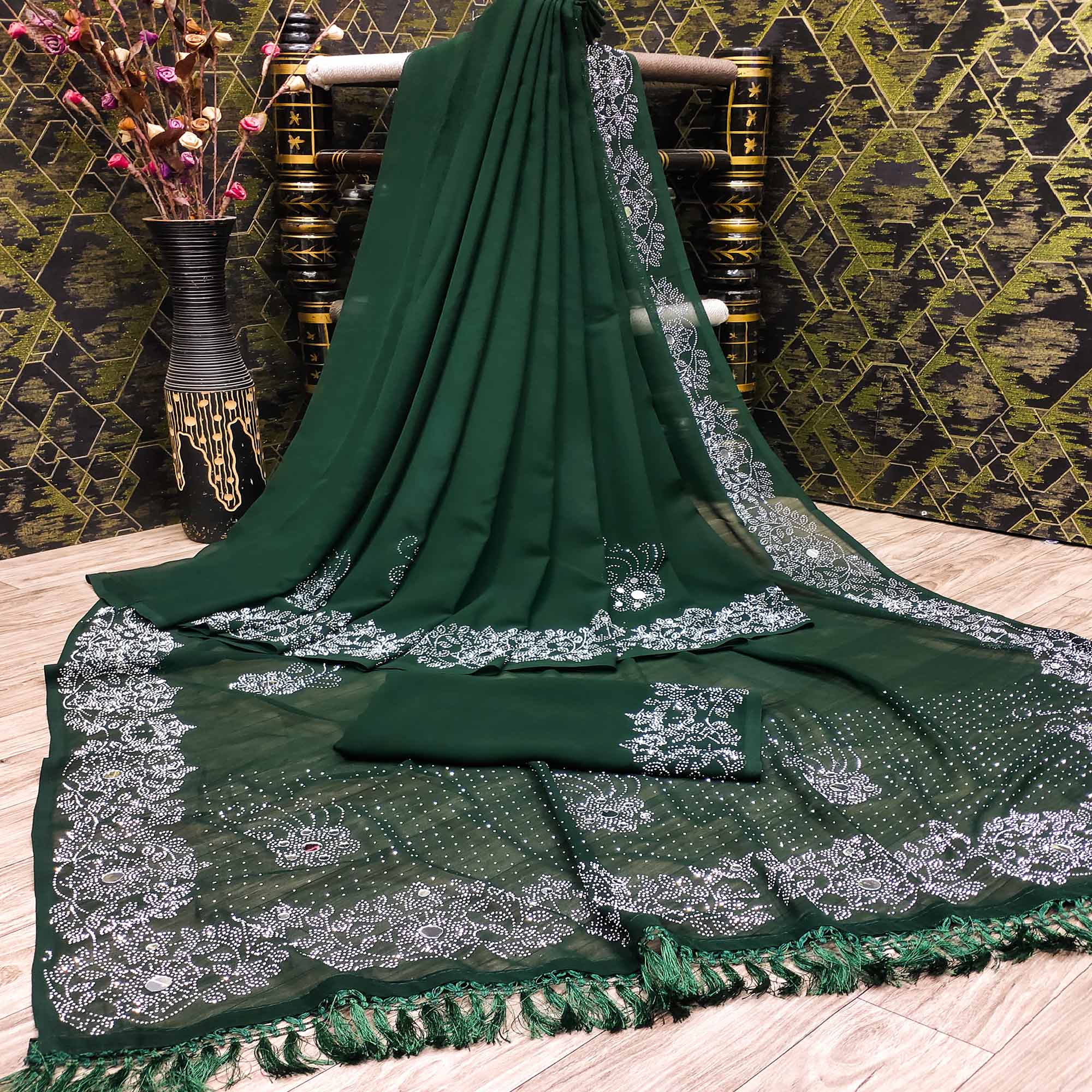 Green Swarovski With Mirror Work Georgette Saree