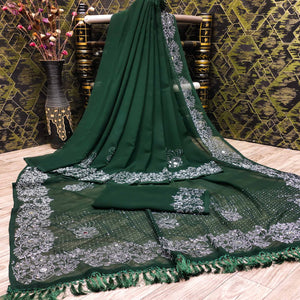 Green Swarovski With Mirror Work Georgette Saree