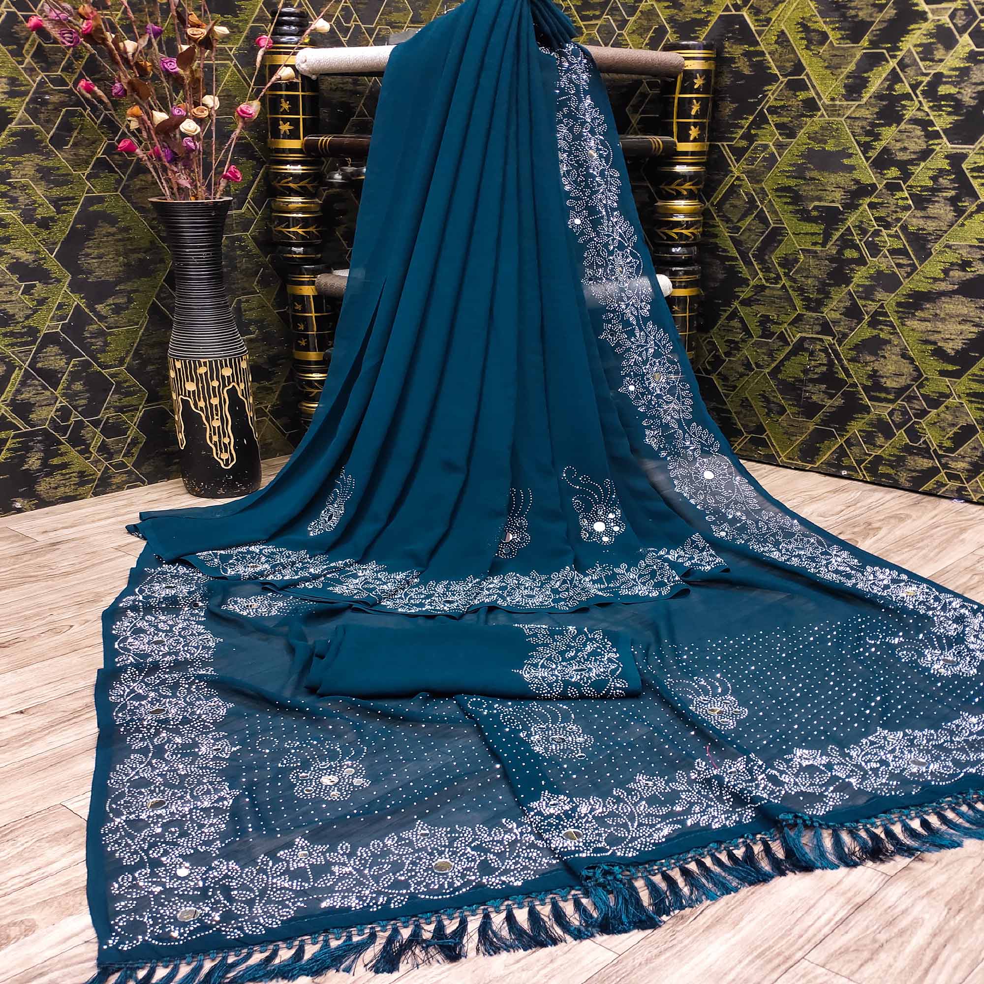 Morpich Swarovski With Mirror Work Georgette Saree