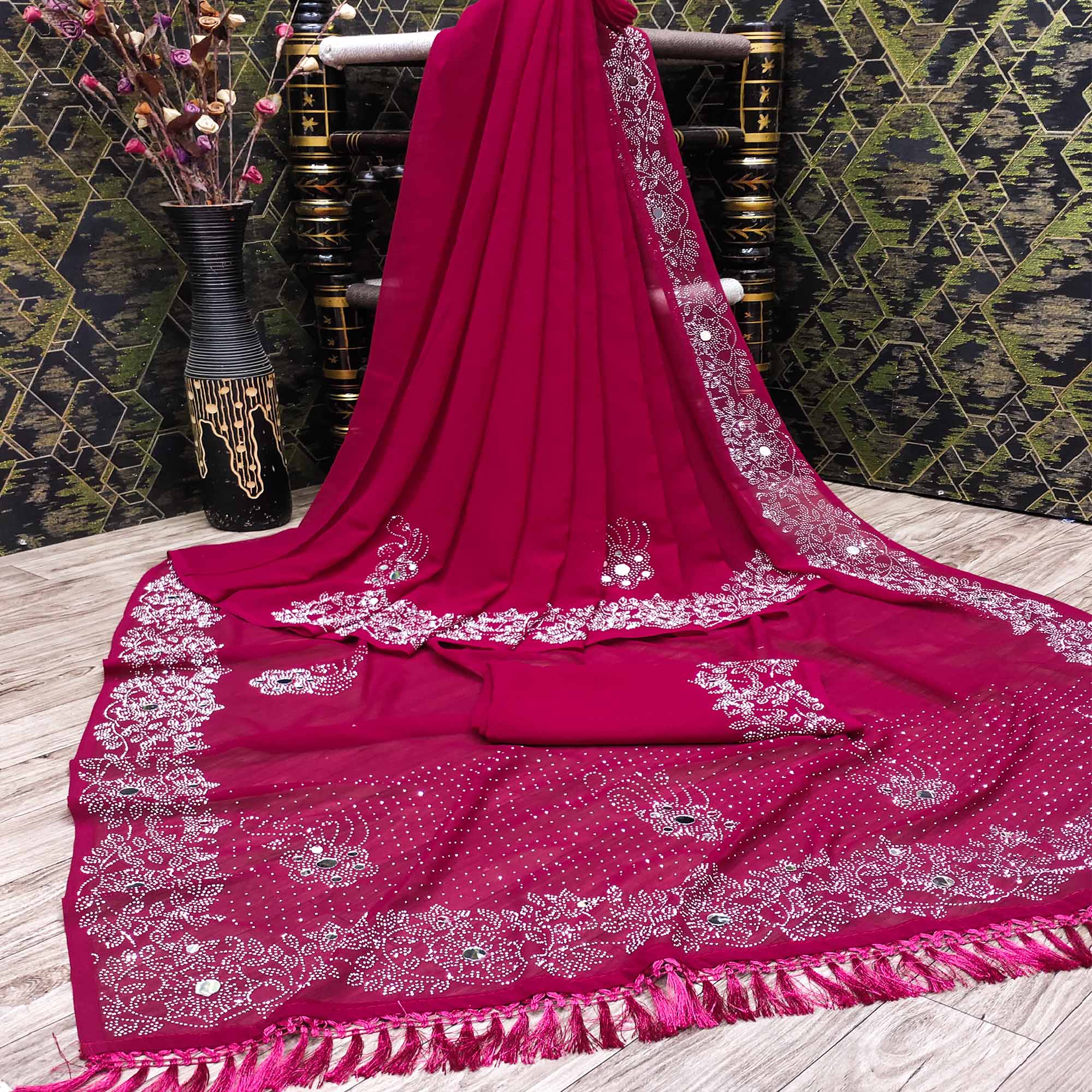 Pink Swarovski With Mirror Work Georgette Saree