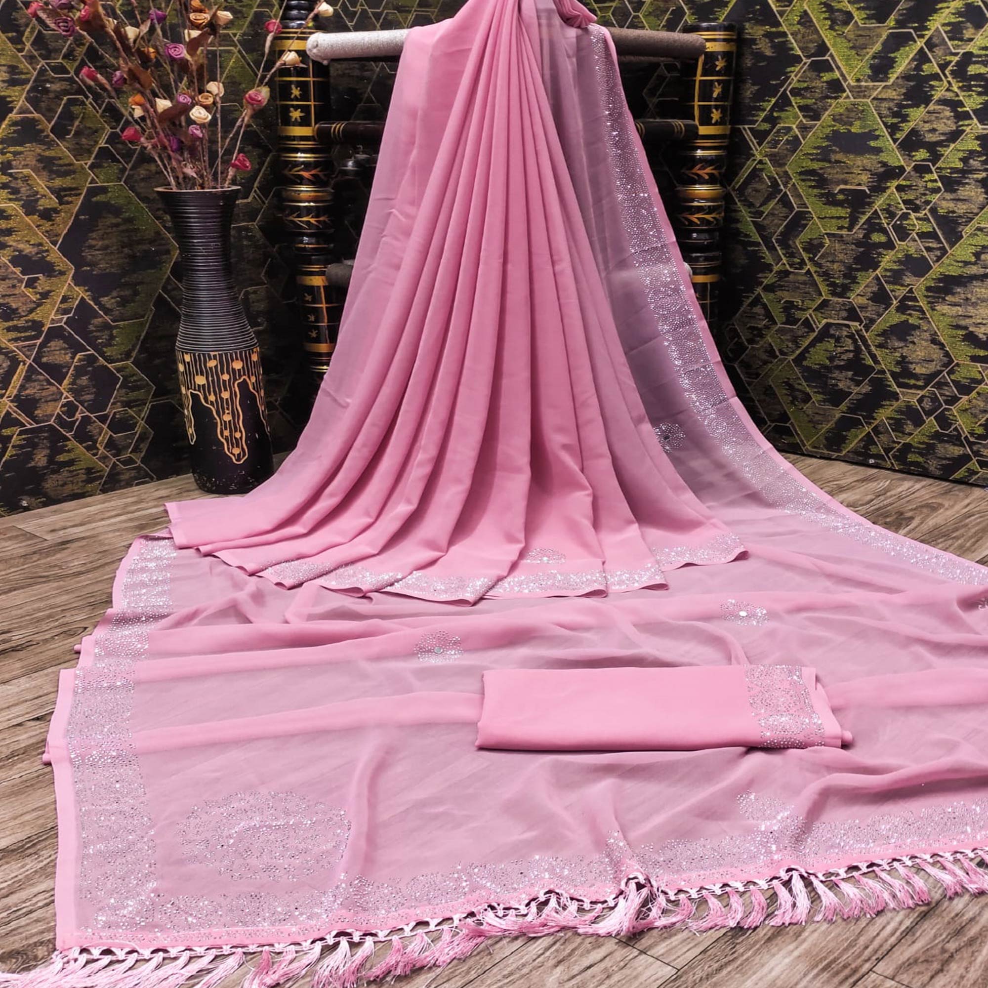 Pink Swarovski Work Georgette Saree With Tassels