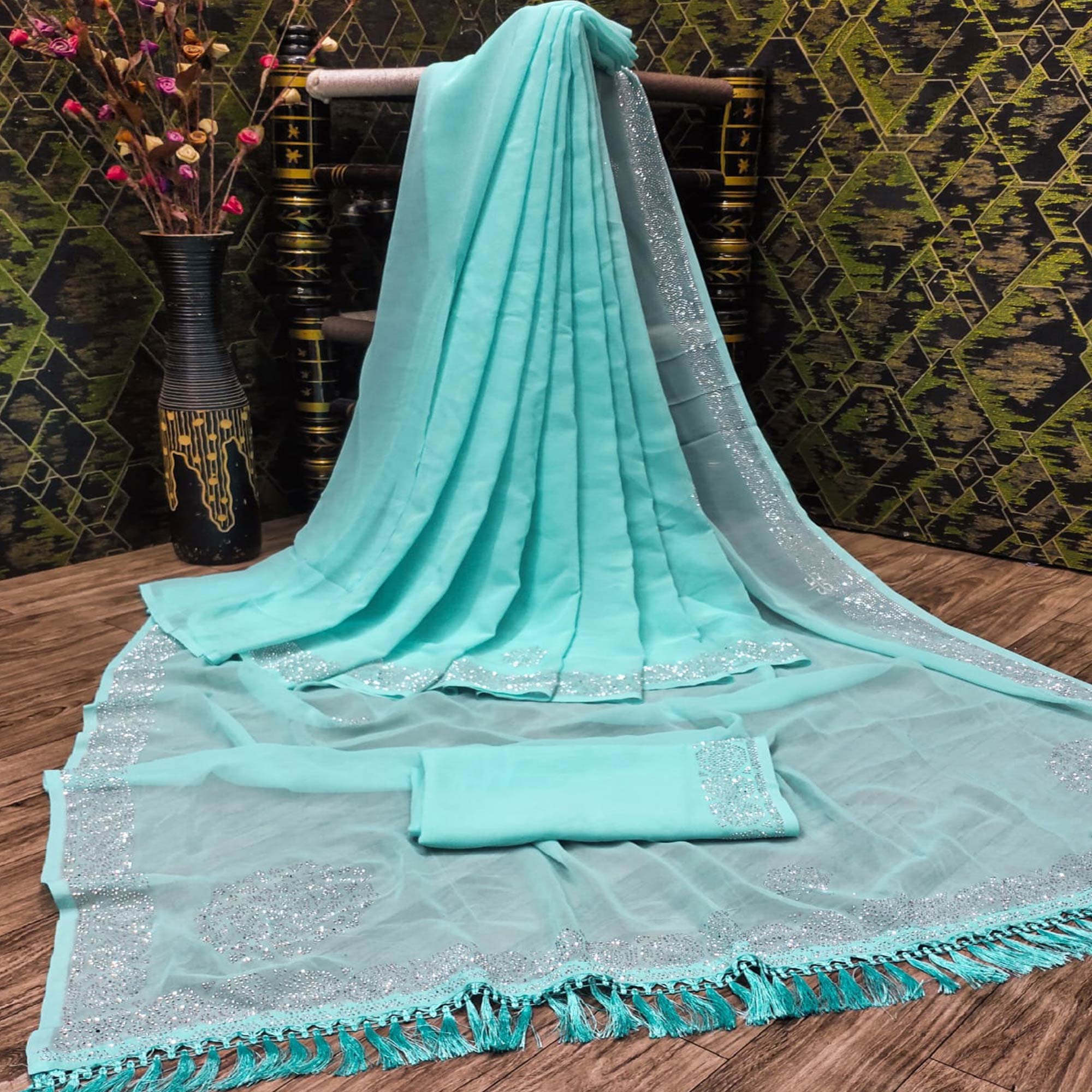 Turquoise Swarovski Work Georgette Saree With Tassels