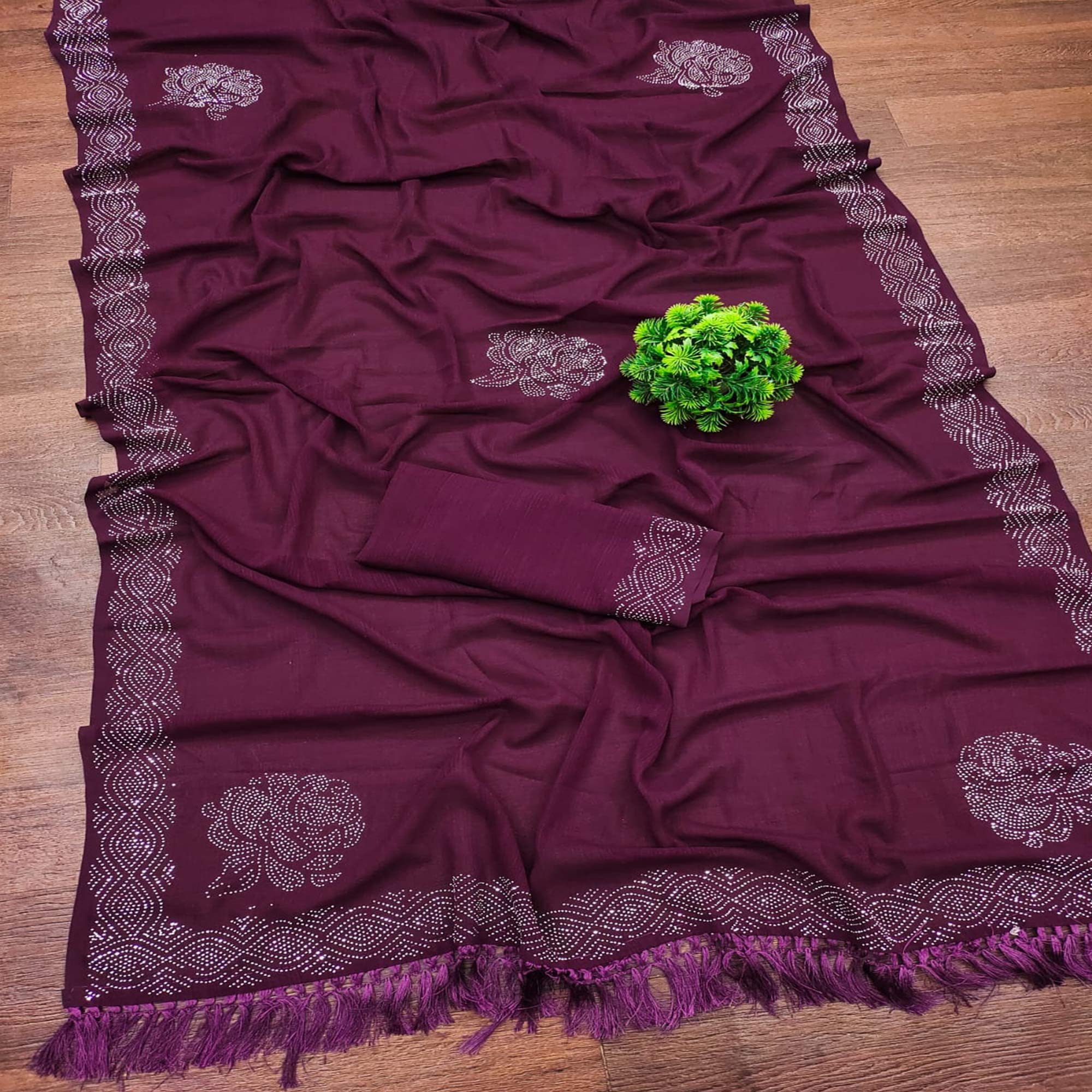Wine Swarovski Work Georgette Saree With Tassels