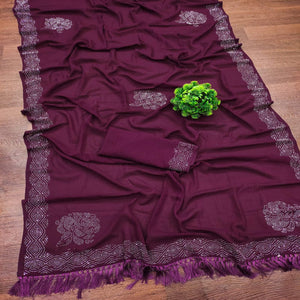 Wine Swarovski Work Georgette Saree With Tassels