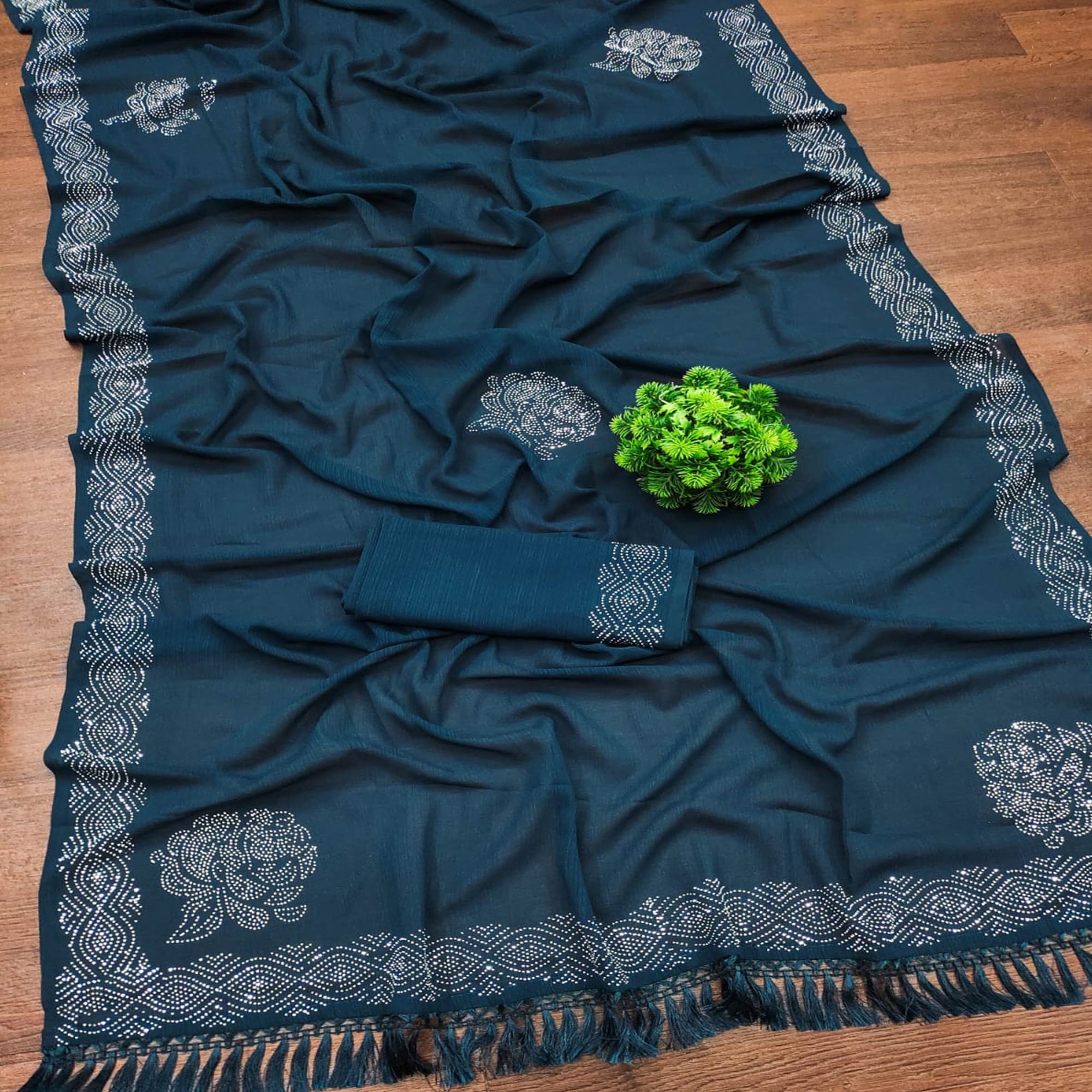 Teal Swarovski Work Georgette Saree With Tassels