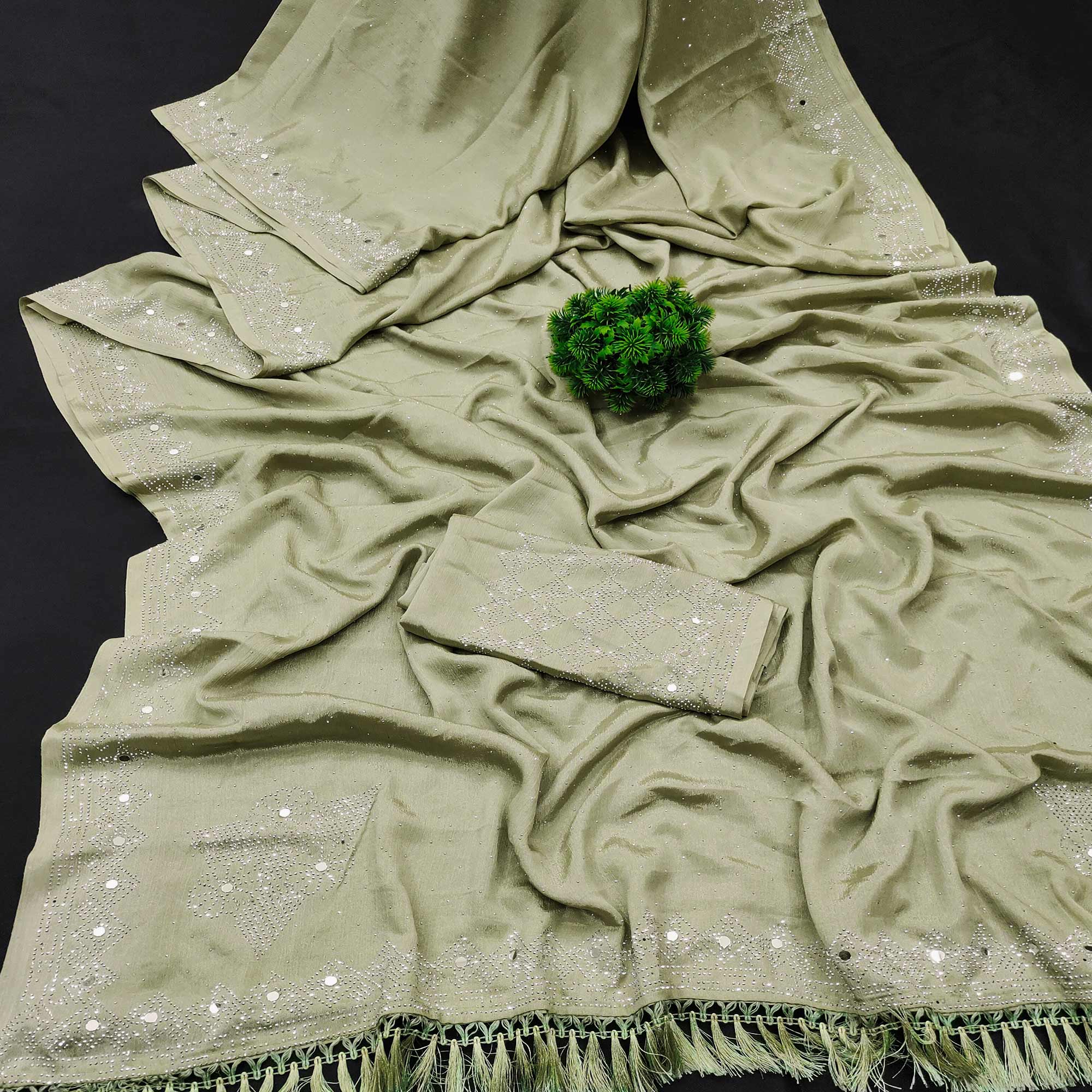 Green Mirror With Swarovski Work Chinon Saree With Tassels