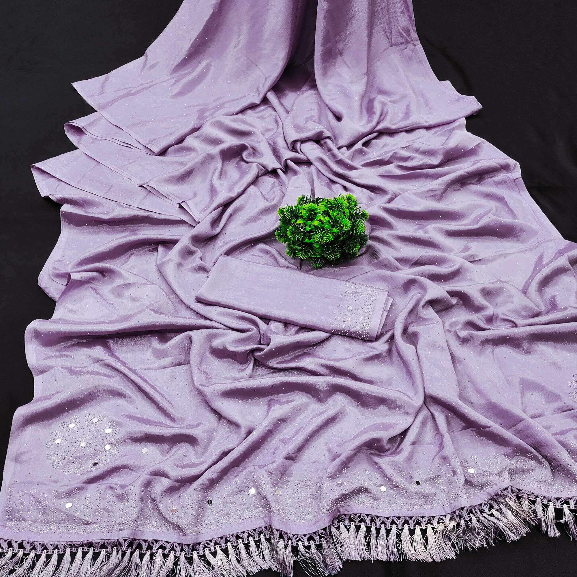 Purple Mirror With Swarovski Work Chinon Saree With Tassels