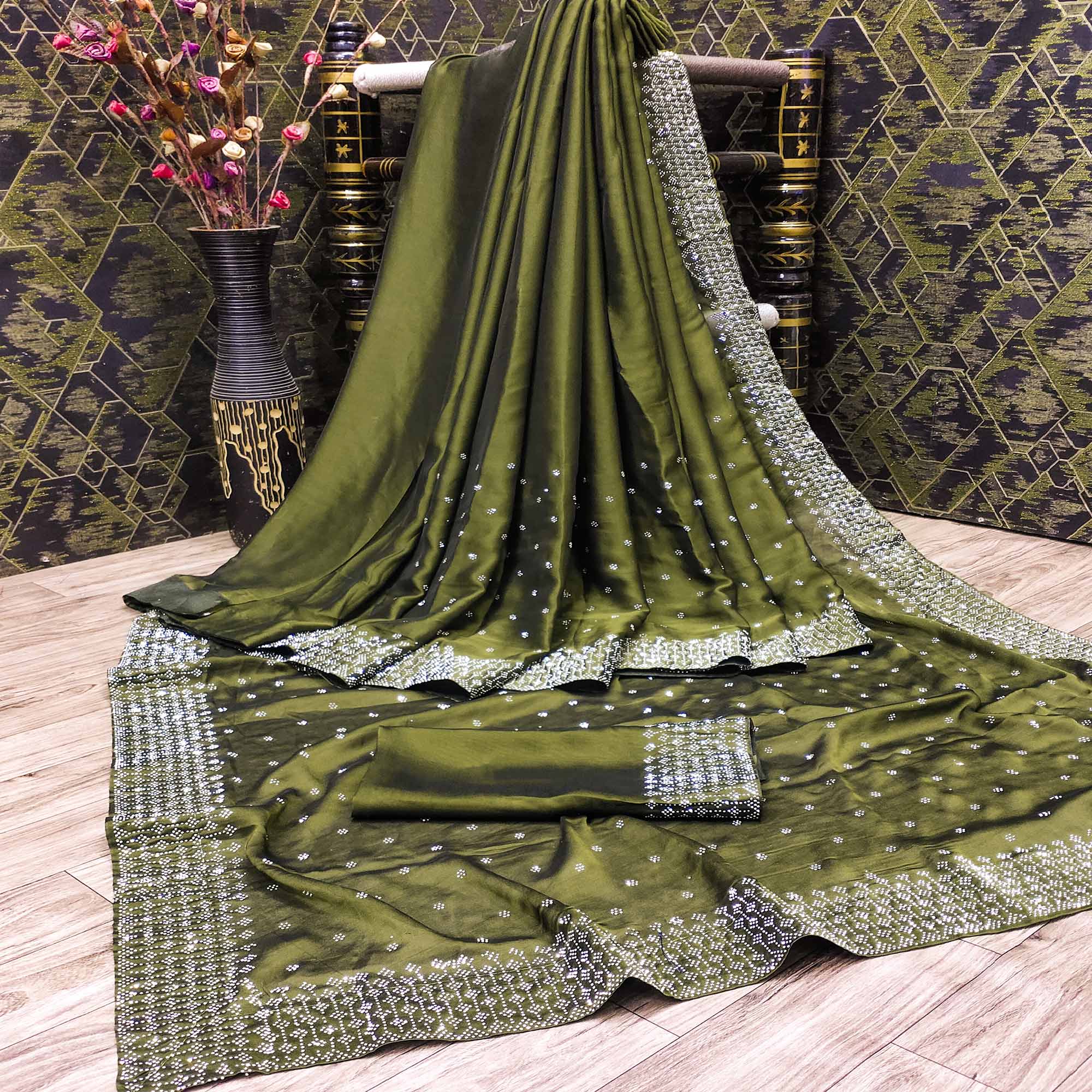 Olive Green Floral Swarovski Work Georgette Saree