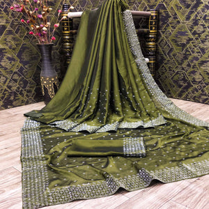 Olive Green Floral Swarovski Work Georgette Saree