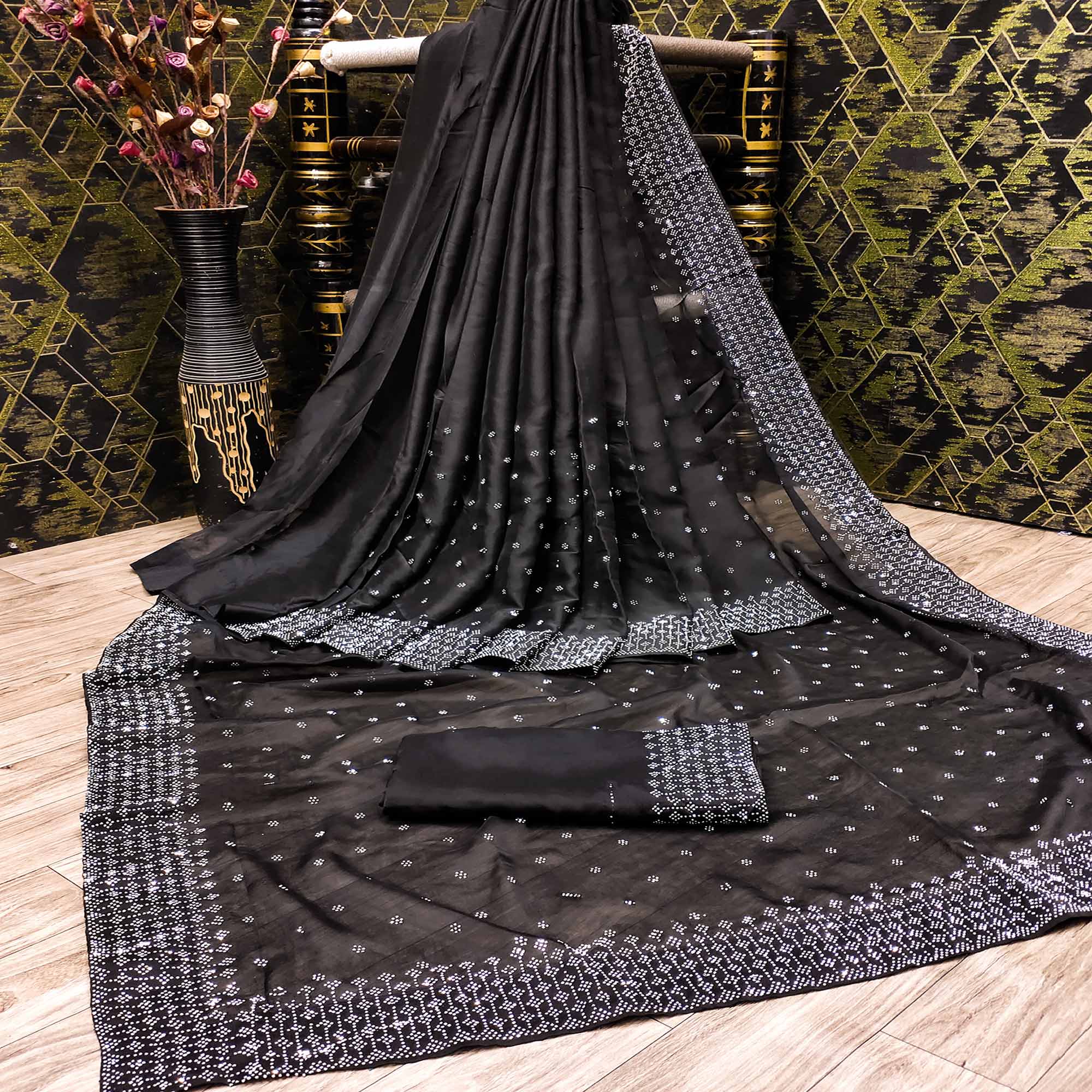 Black Floral Swarovski Work Georgette Saree